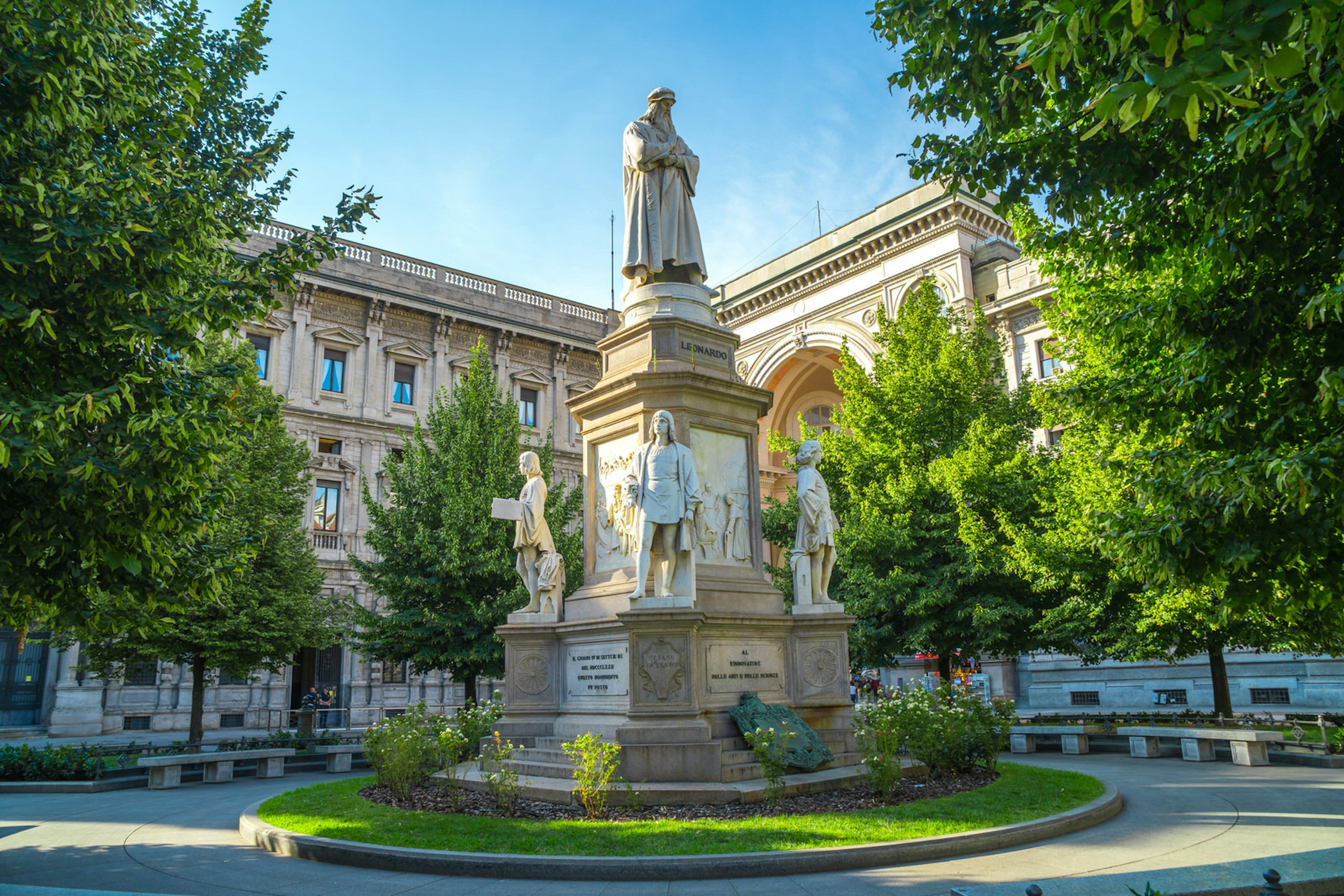 The marble statue of Leonardo in Milan's Piazza della Scala