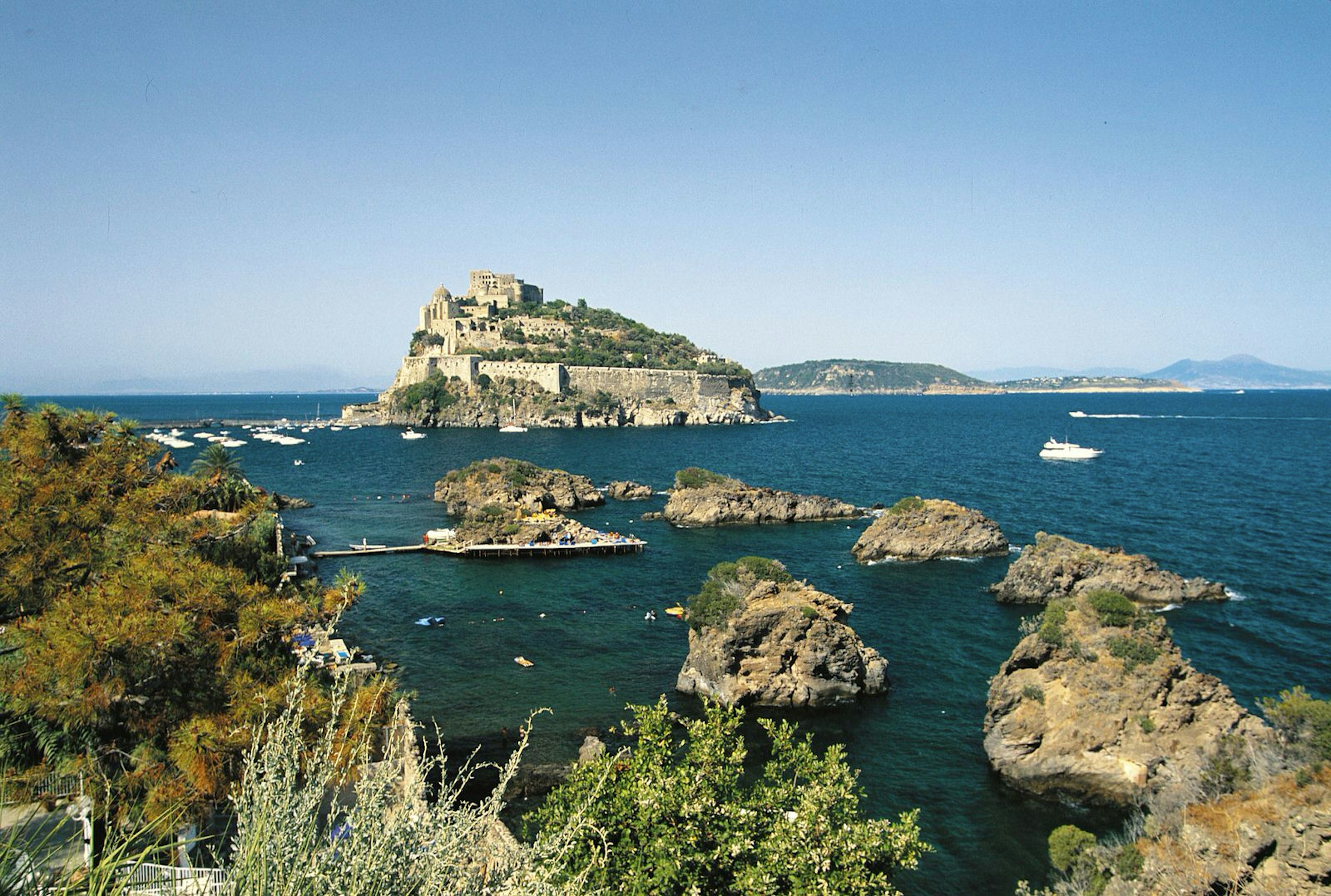 View of the Aragonese Castle, Ischia Ponte, Island of Ischia, Campania, Italy.