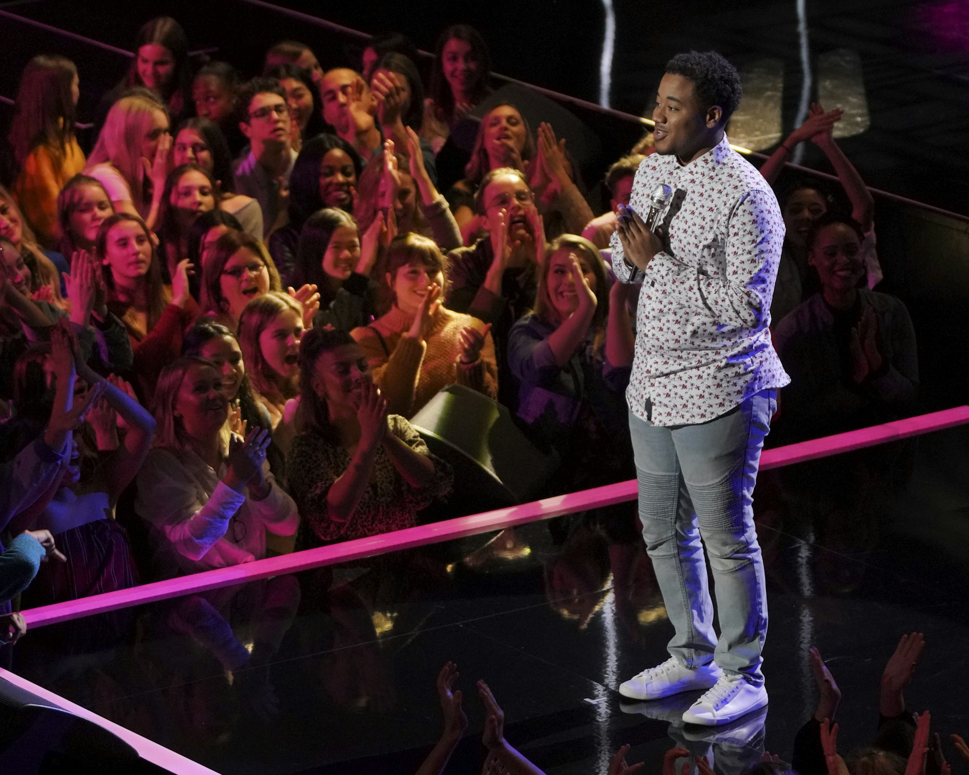 The stakes grow higher as the Top 20 "American Idol" finalists sing their hearts out in front of a live audience at Los Angeles famed venue The Wiltern, airing on The Disney General Entertainment Content via Getty Images Television 