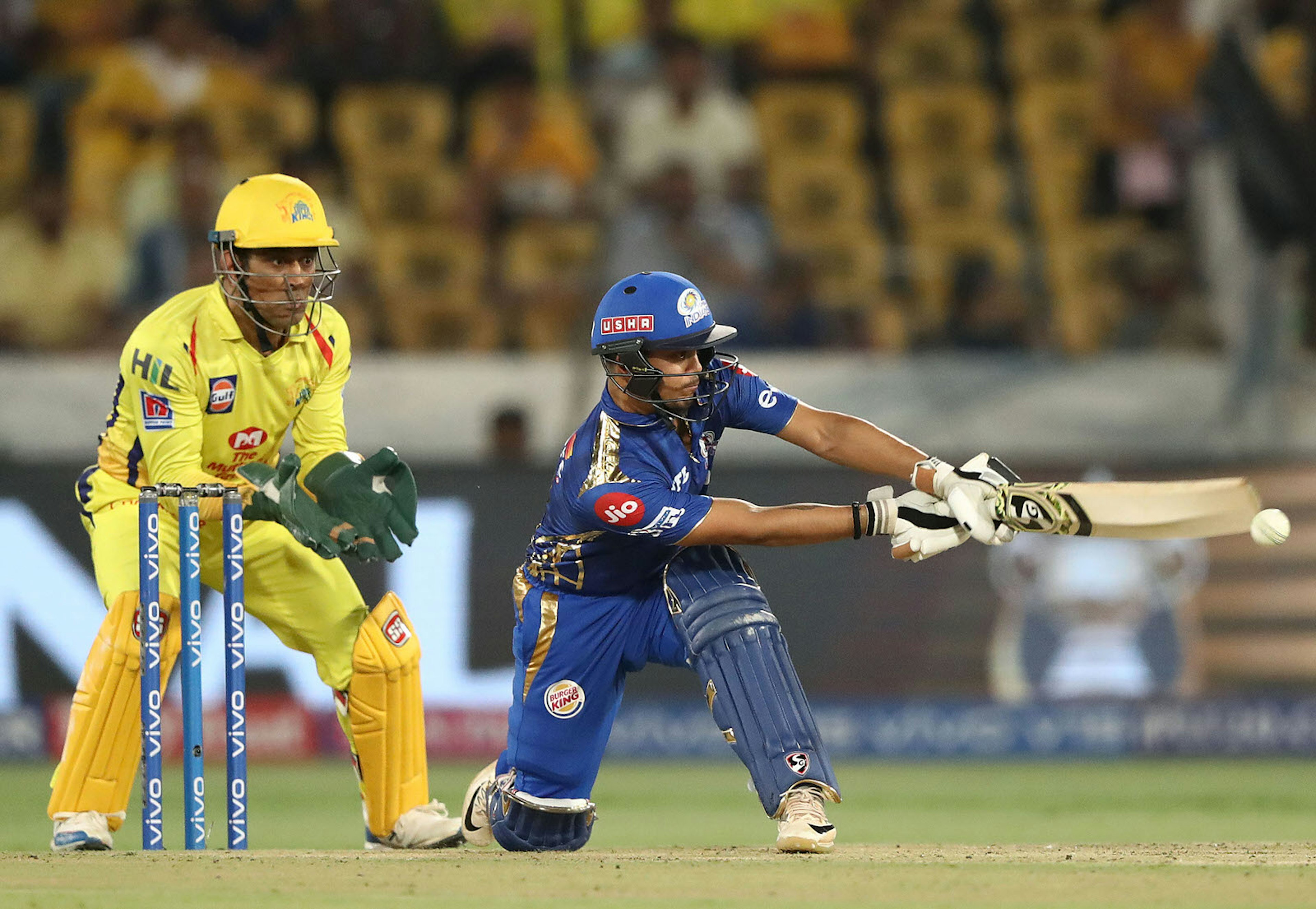 Ishan Kishan of the Mumbai Indians (wearing all blue) bats during the Indian Premier League Final match between the the Mumbai Indians and Chennai Super Kings at Rajiv Gandhi International Cricket Stadium