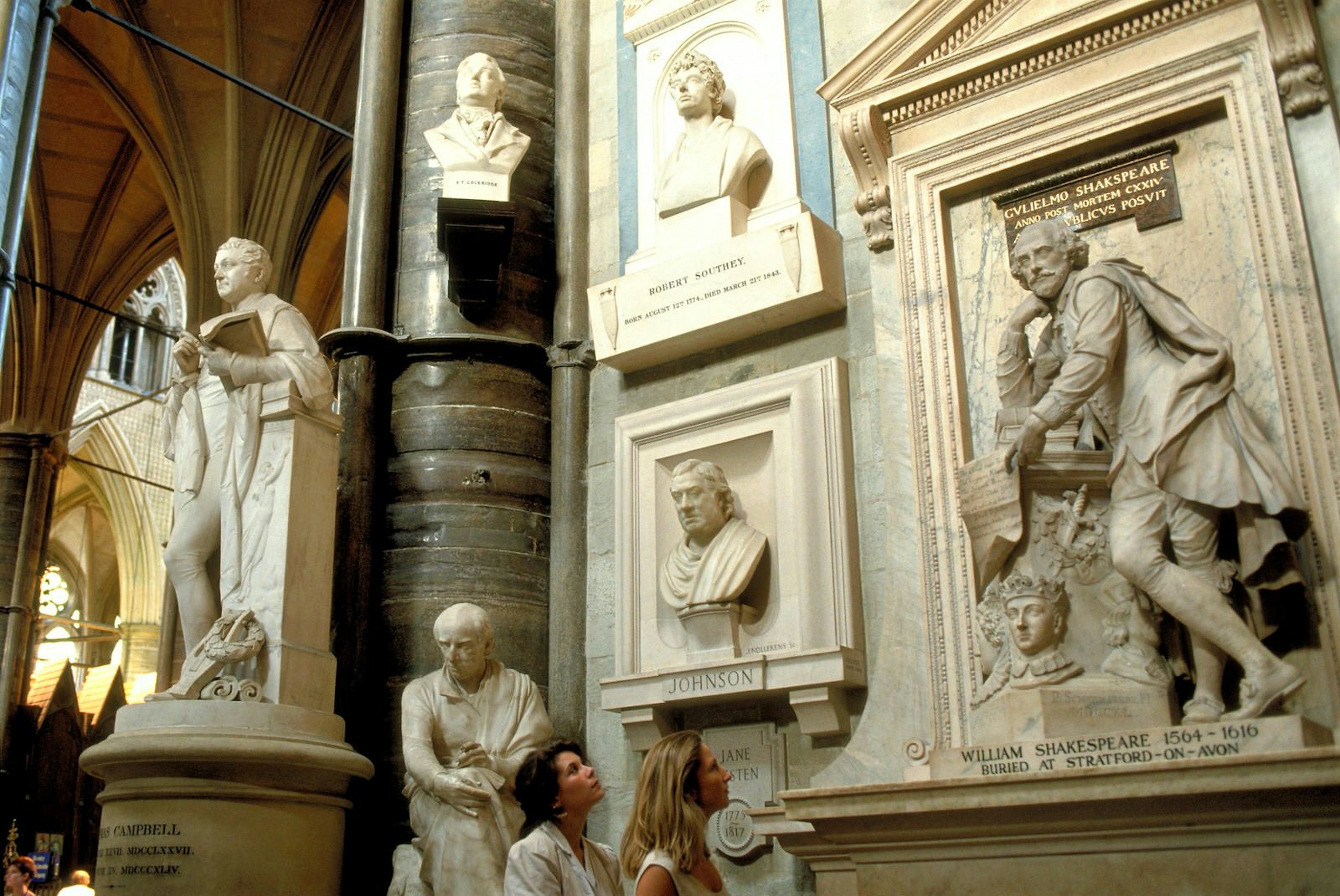 A memorial to Shakespeare among plaques to many other writers in Poets' Corner, Westminster Abbey