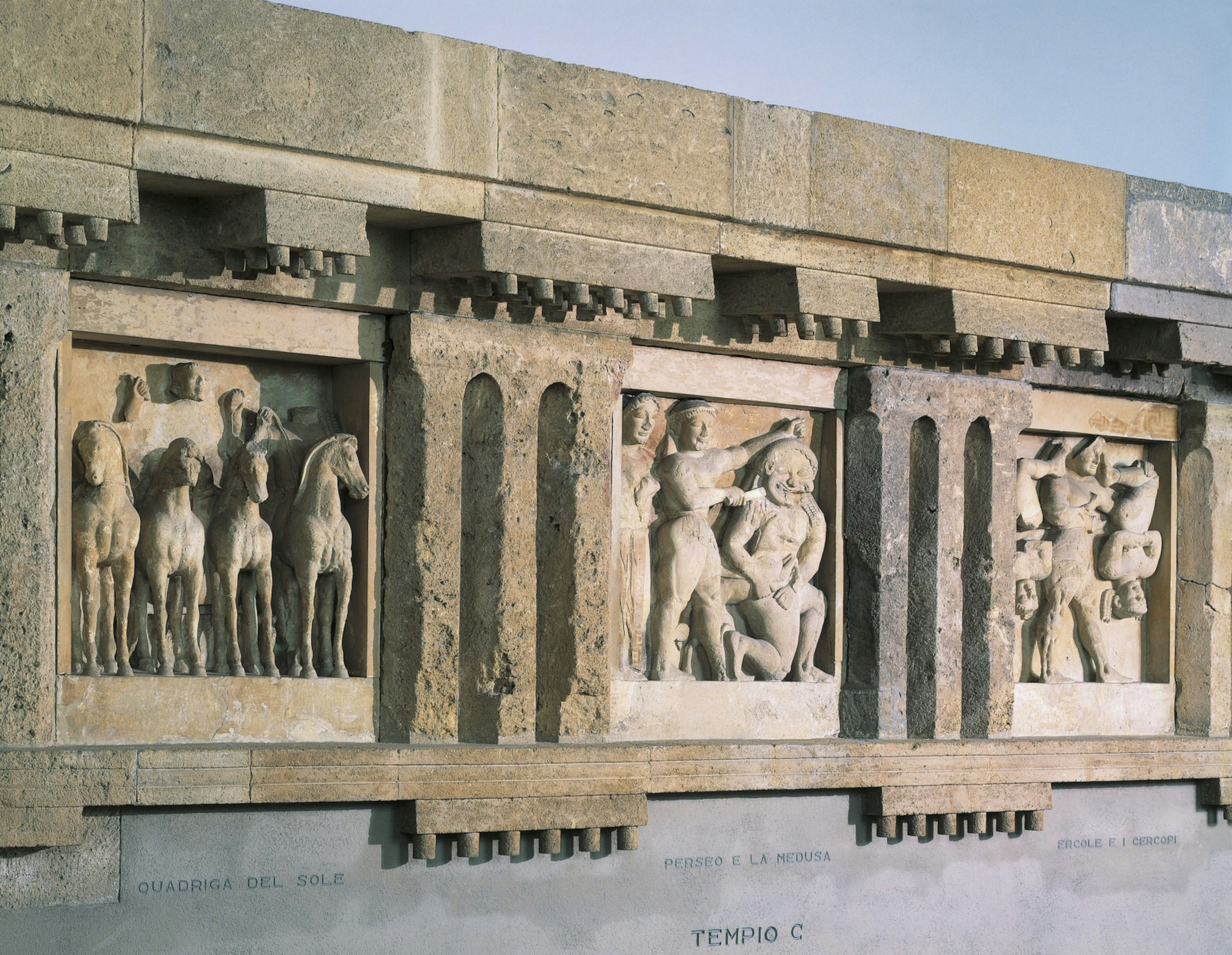 ITALY - CIRCA 2002: Metopes from Temple C in Selinunte, Sicily, Italy. Ancient Greek civilization, Magna Graecia, 6th Century BC. Palermo, Museo Archeologico Regionale (Archaeological Musem) (Photo by DeAgostini/Getty Images)
11067177
6th century bc, ancient civilisation, ancient greece, animal representation, architecture, art, bas relief, close-up, decoration, entablature, frieze, horizontal, human representation, indoors, italy, metope, no people, part of, sculpture, selinunte, sicily, temple, wall