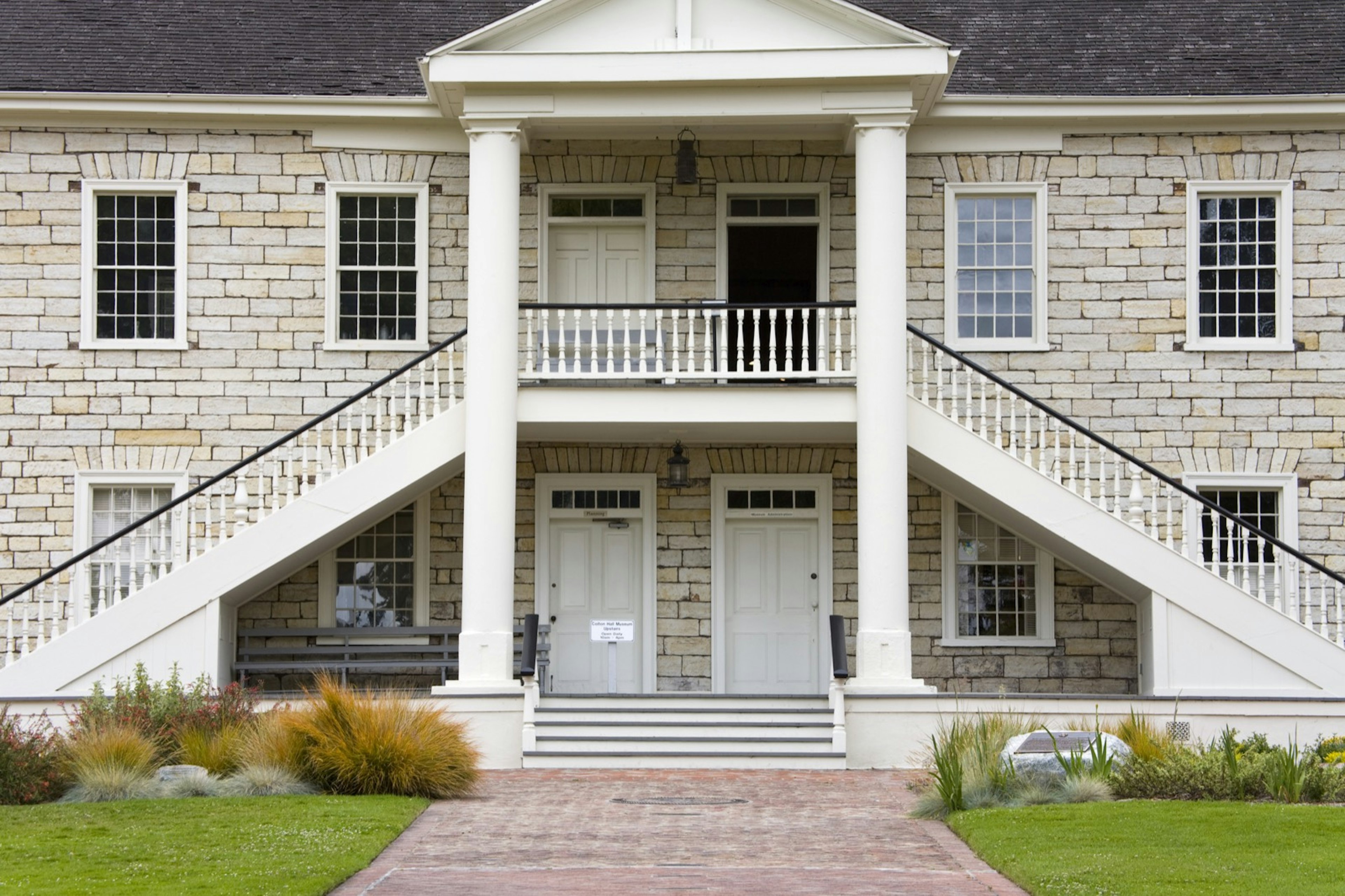 The facade of Colton Hall which mirrors the Greek Revival Style and was used as a meeting room in the first season of Big Little Lies