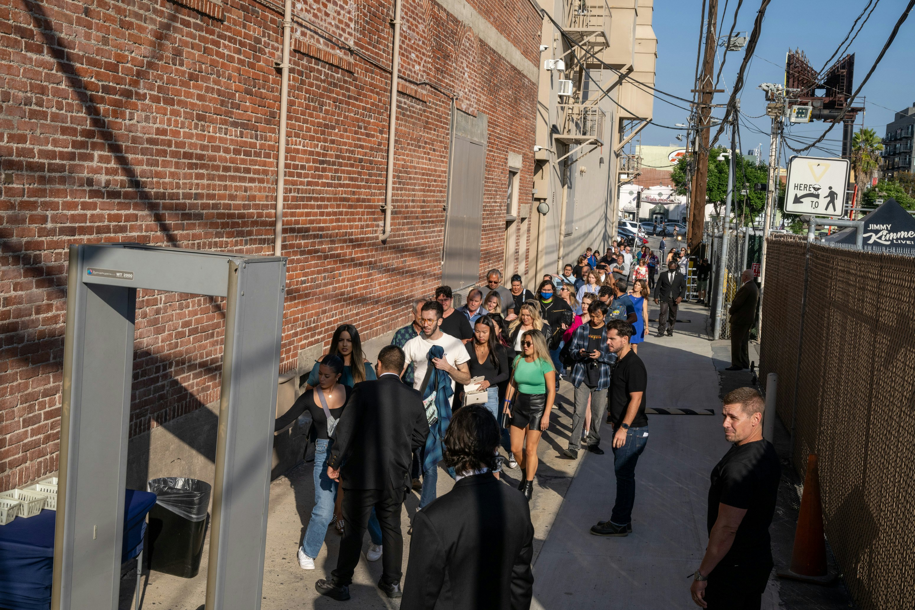 Exterior view of the studio audience arriving to the Jimmy Kimmel Live studios on October 02, 2023 in Los Angeles, California.