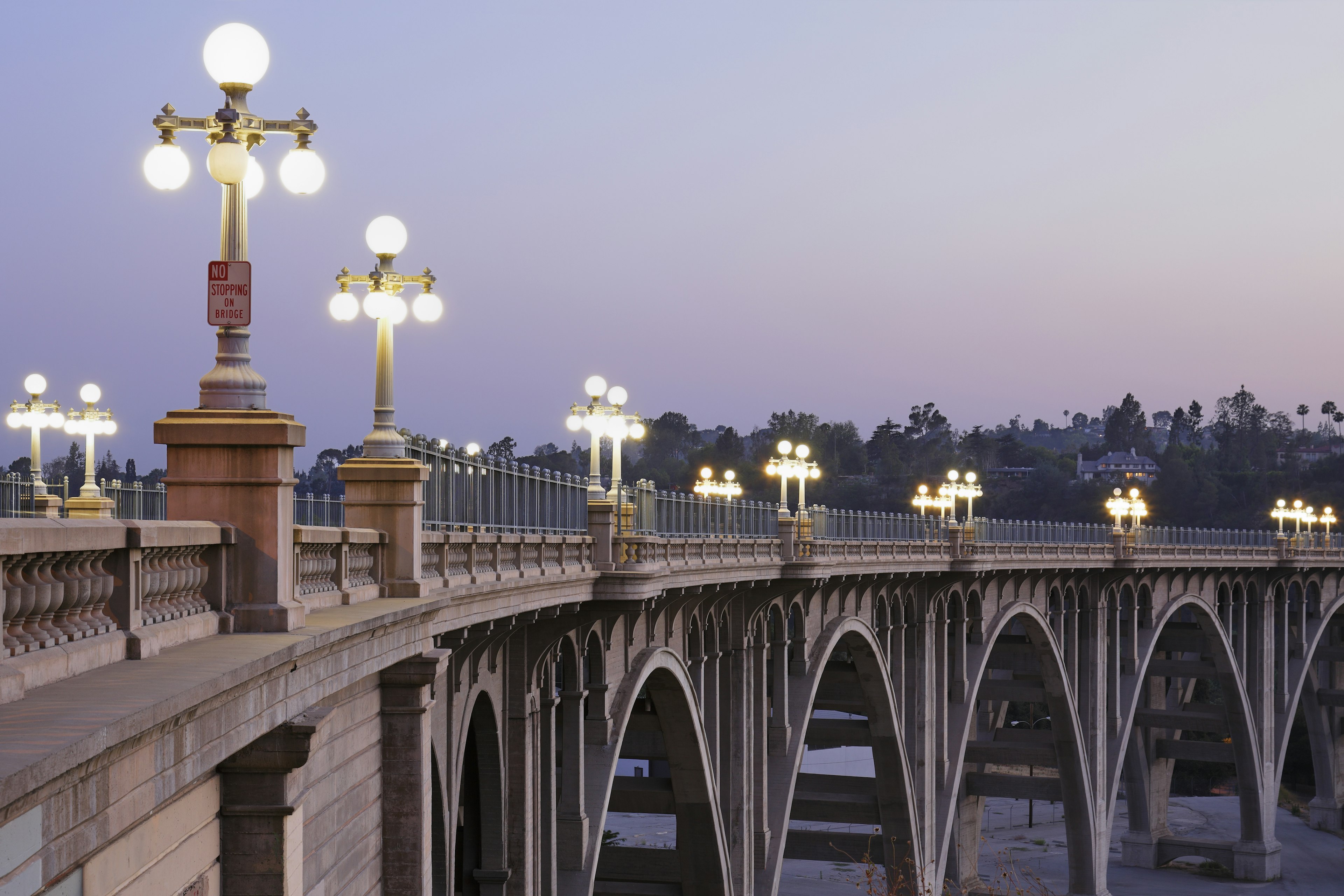 Globe lights illuminate the Arroyo Seco Bridge