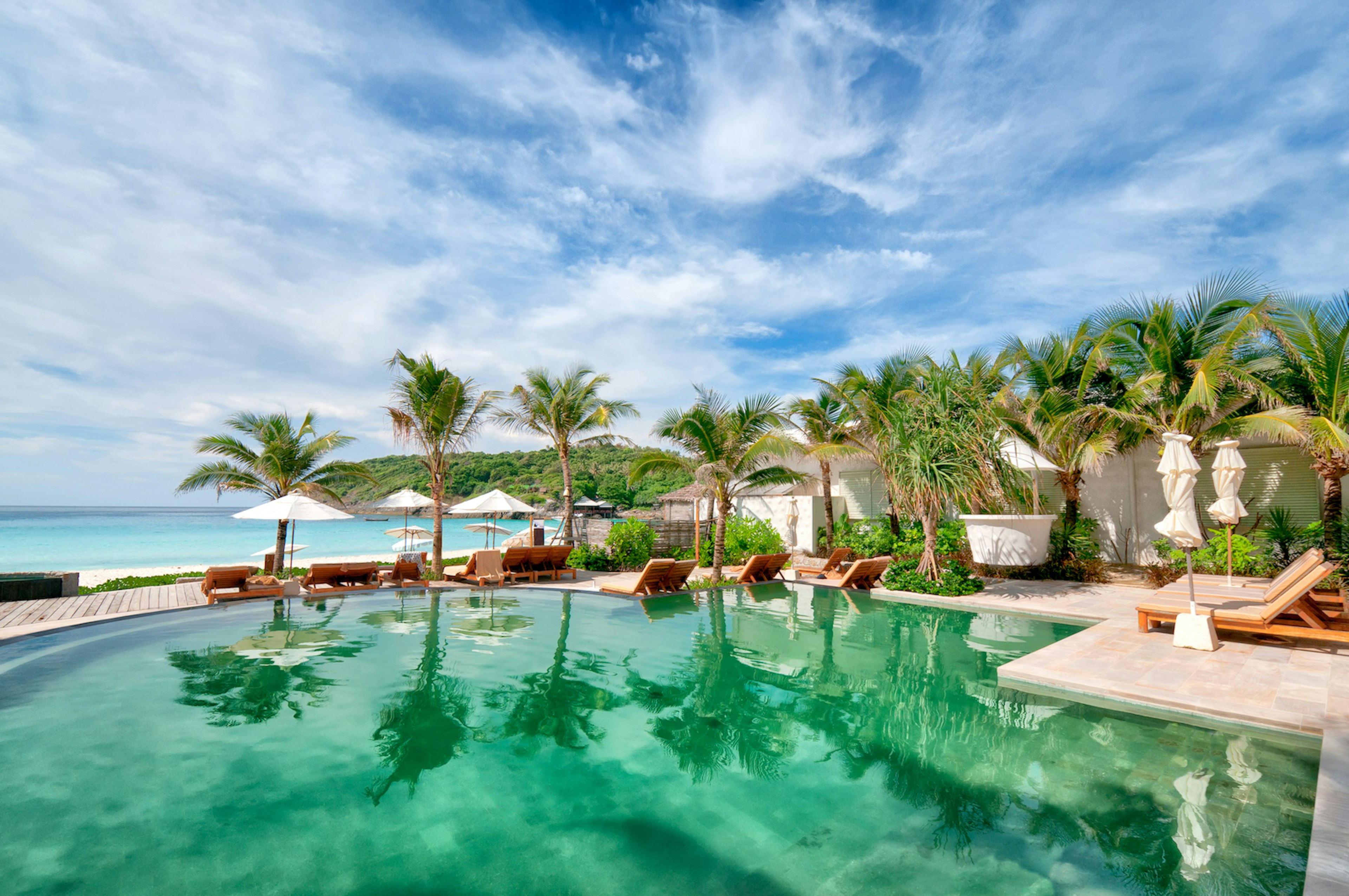 A blue-green hotel resort pool with a few palm trees near the ocean