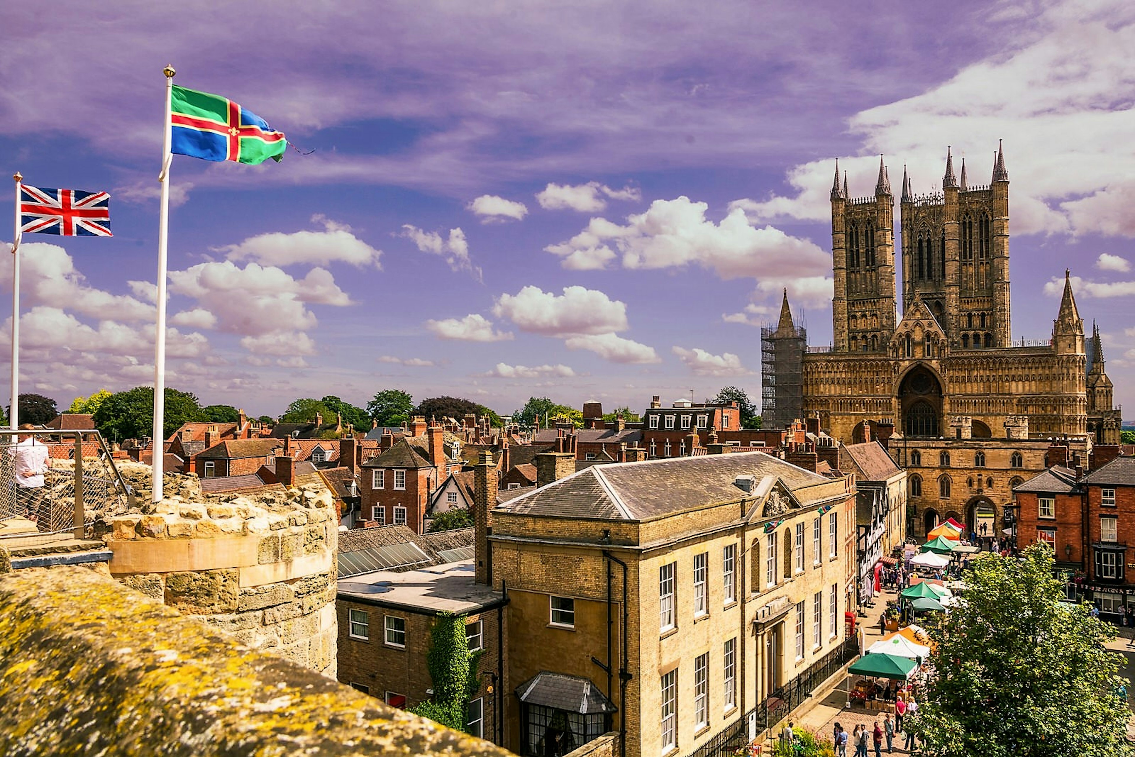 The view across Lincoln towards the cathedral from the castle's battlements