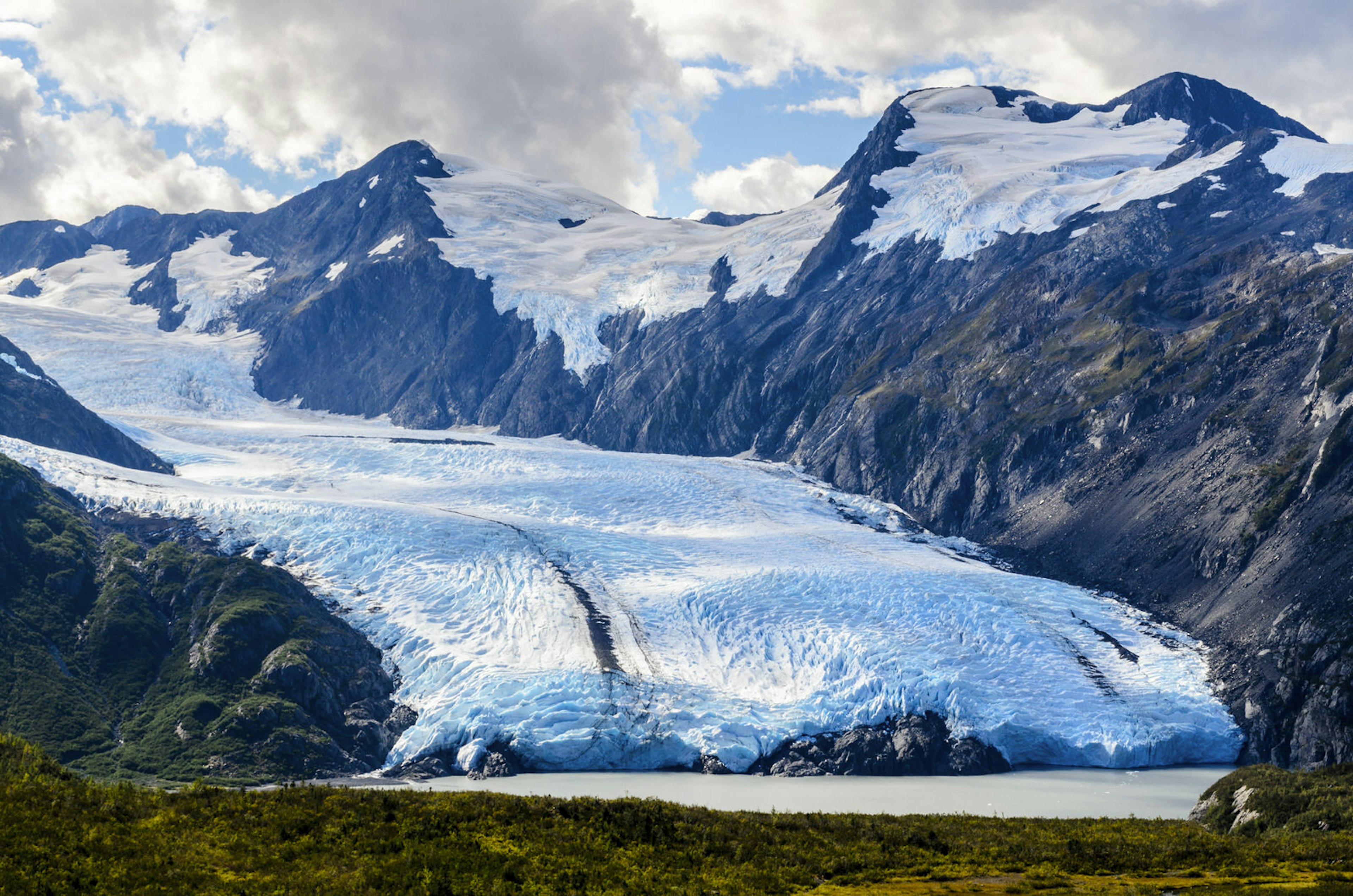 A view of Portage Lake and Portage Glacier from Portage Pass, Whittier, Alaska.