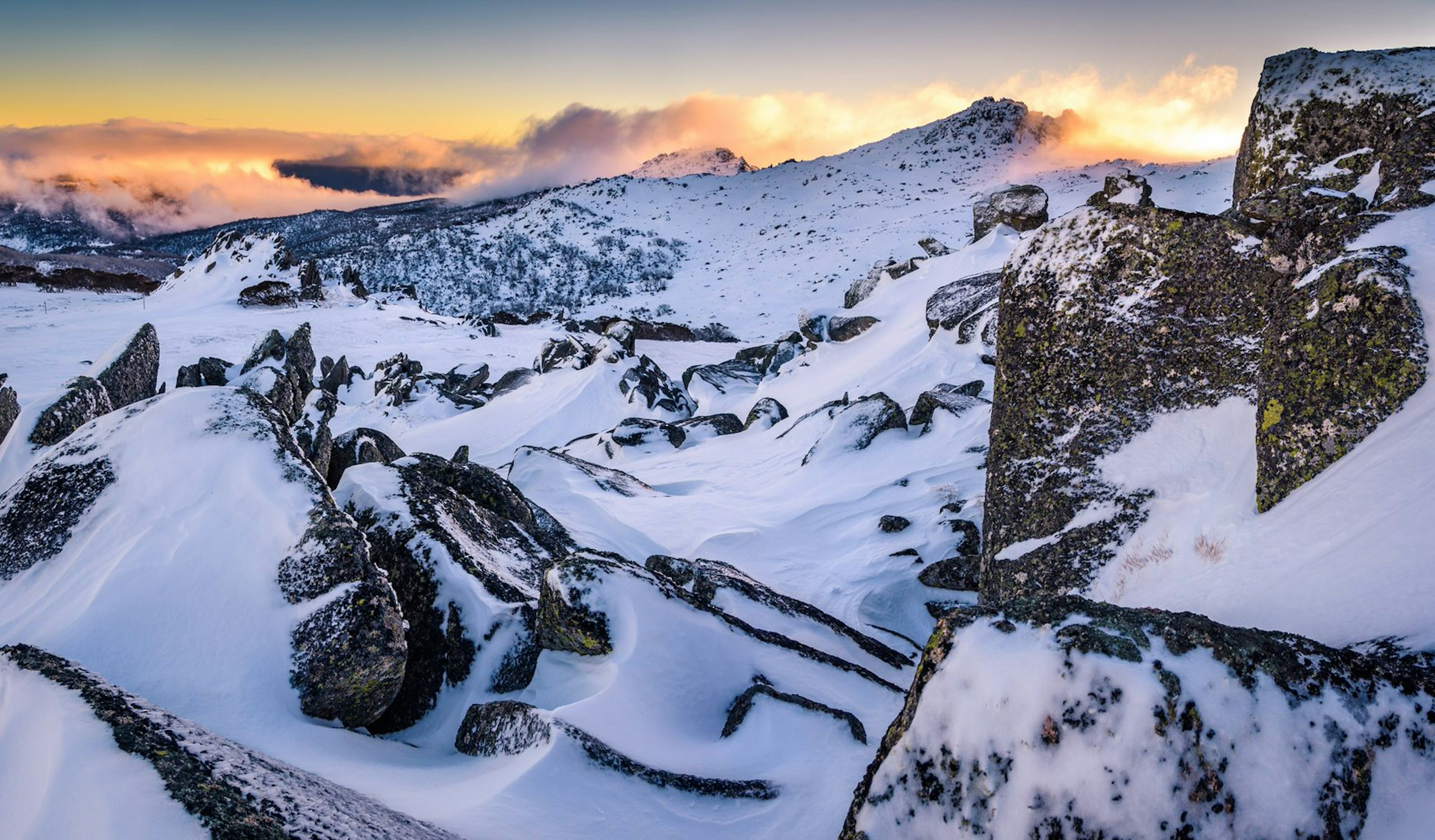 Australia winter sunset at the highest Australian mountain, Kosciuszko National Park, New South Wales