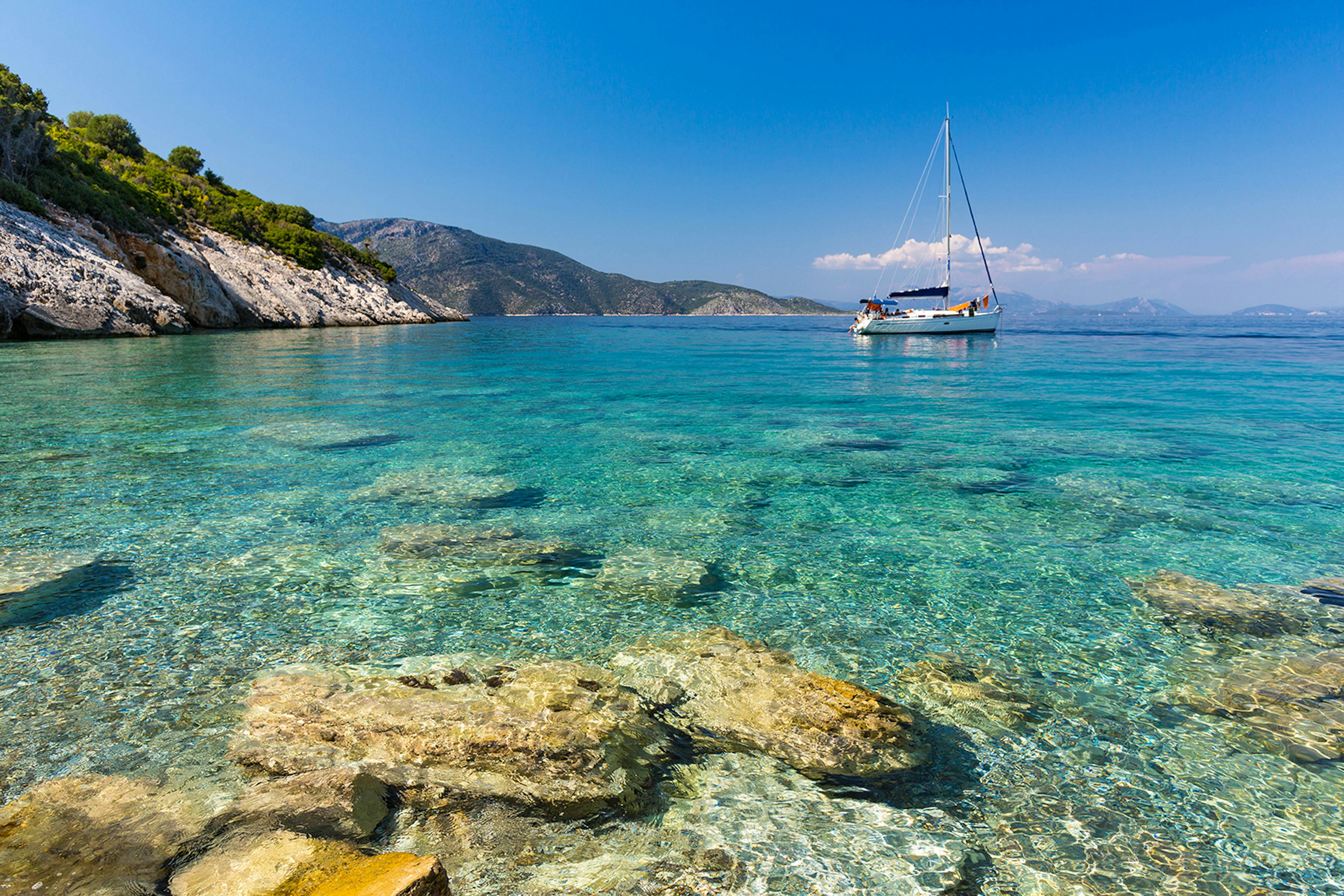 A sailing boat moored off the coast of Ithaki, Greece