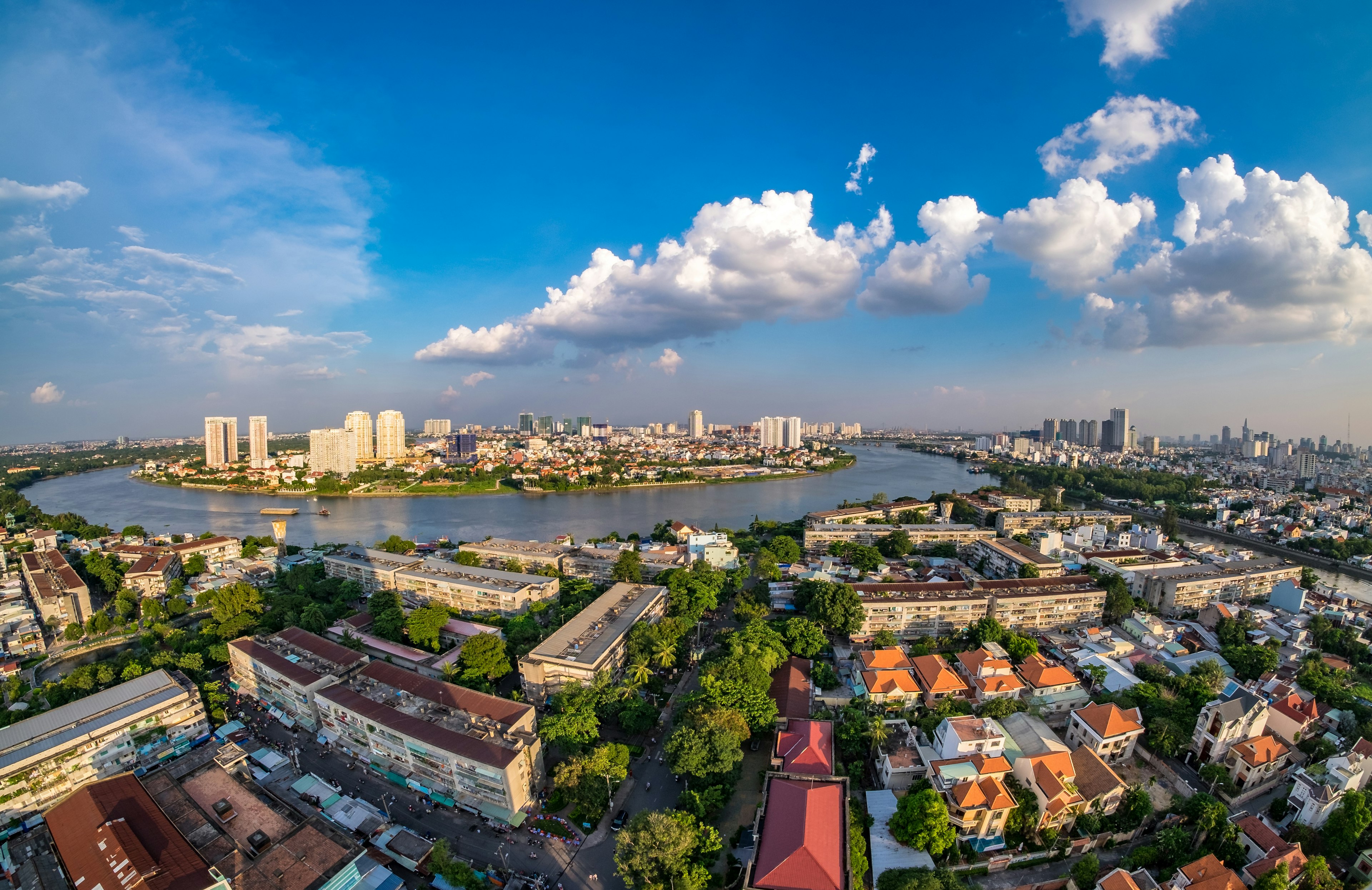 A riverside neighborhood on a sunny day