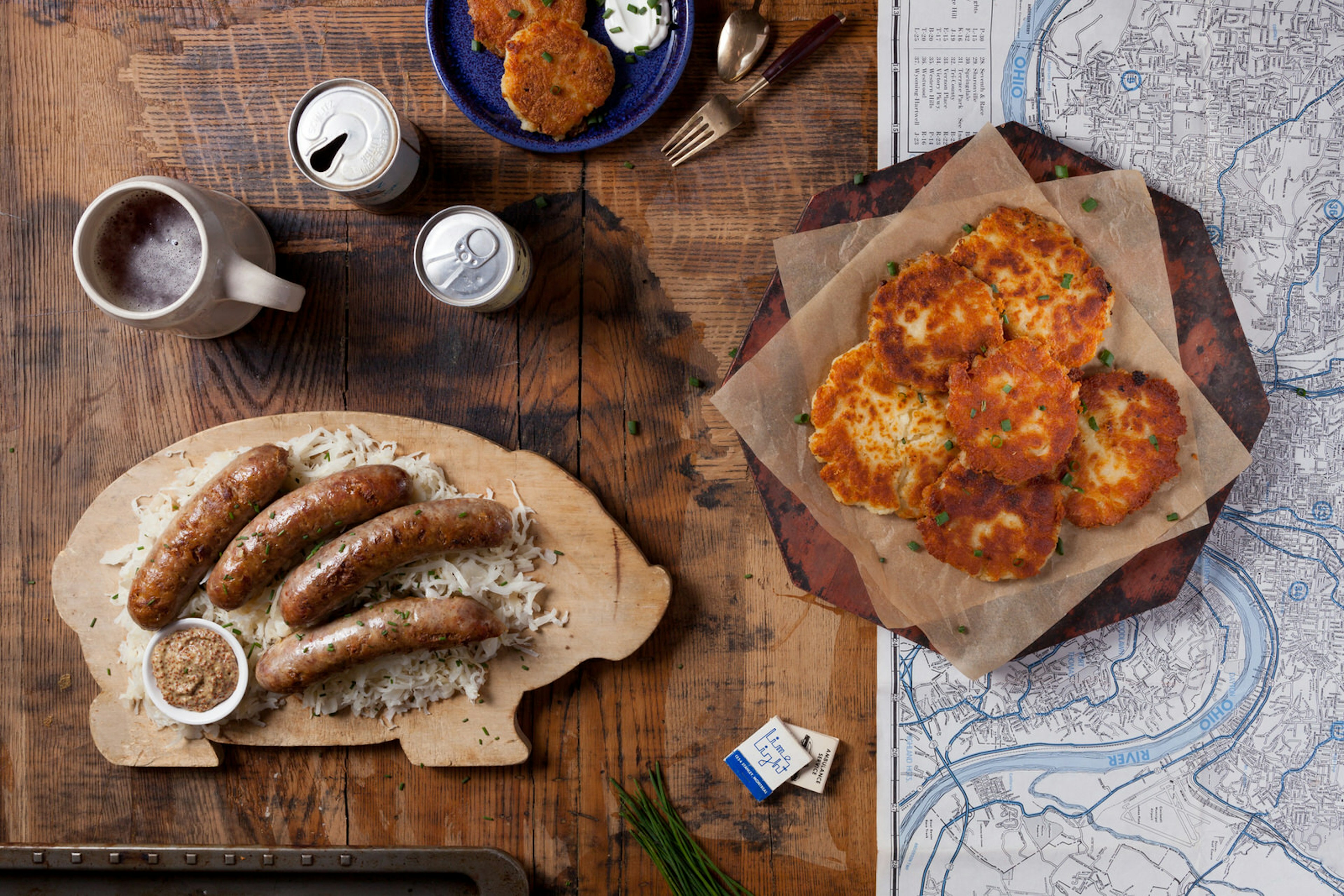 Traditional German meal of sausage, potato pancakes, pretzels and kraut.