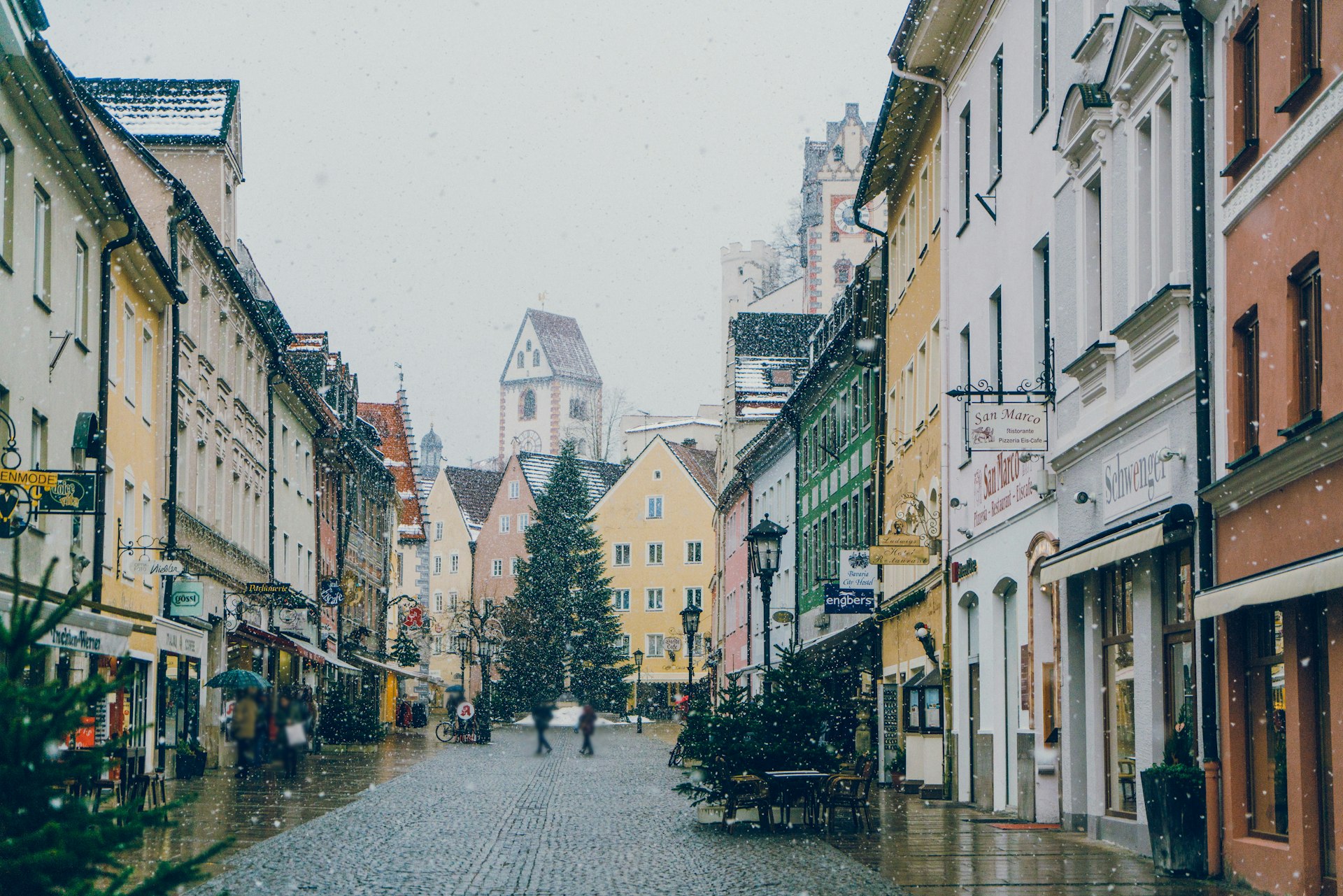 The wintry streets of Fussen town in Germany.