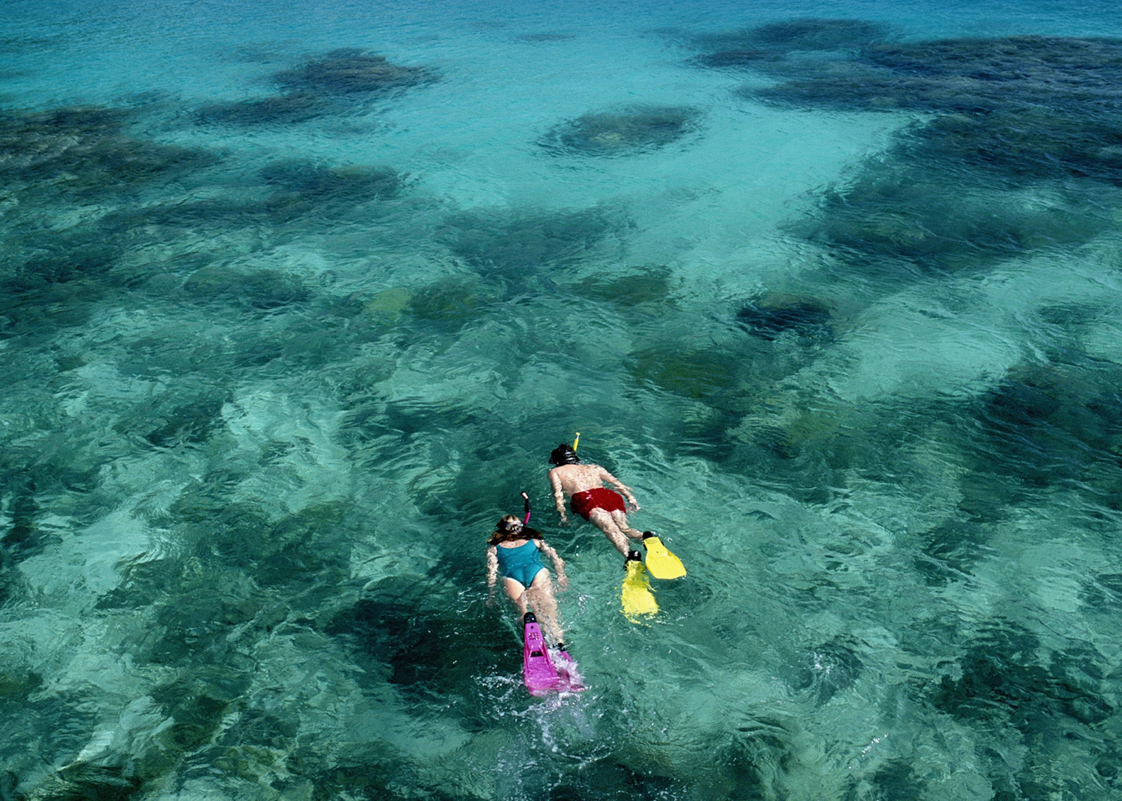 Aerial shot of two snorkellers exploring a reef © Larry Dale Gordon / Getty Images