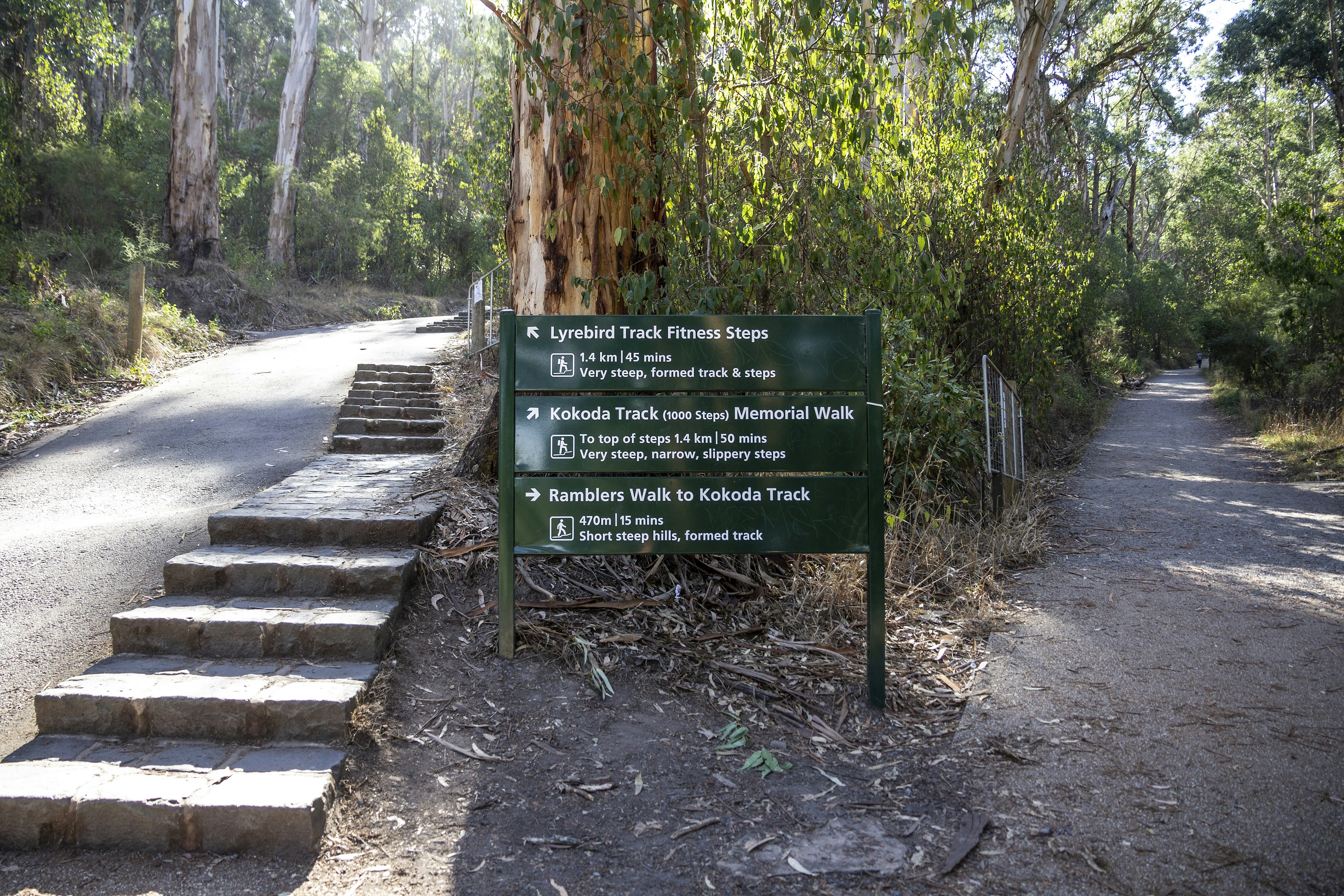 Walking track sings in the Dandenong Ranges leading to the Kokoda Track Memorial Walk 1000 Steps.