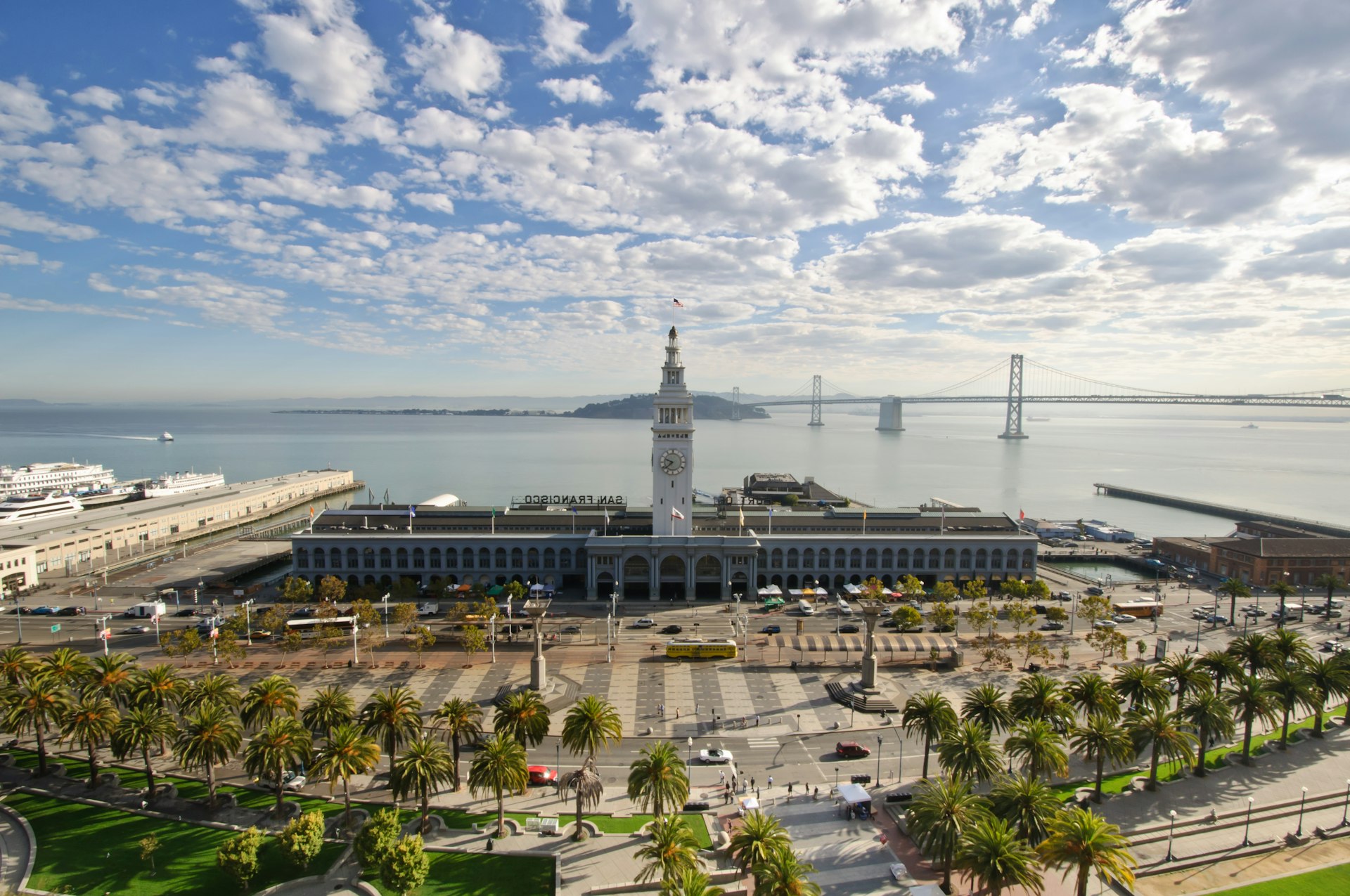 High-angle view of the San Francisco Ferry Building during the morning.