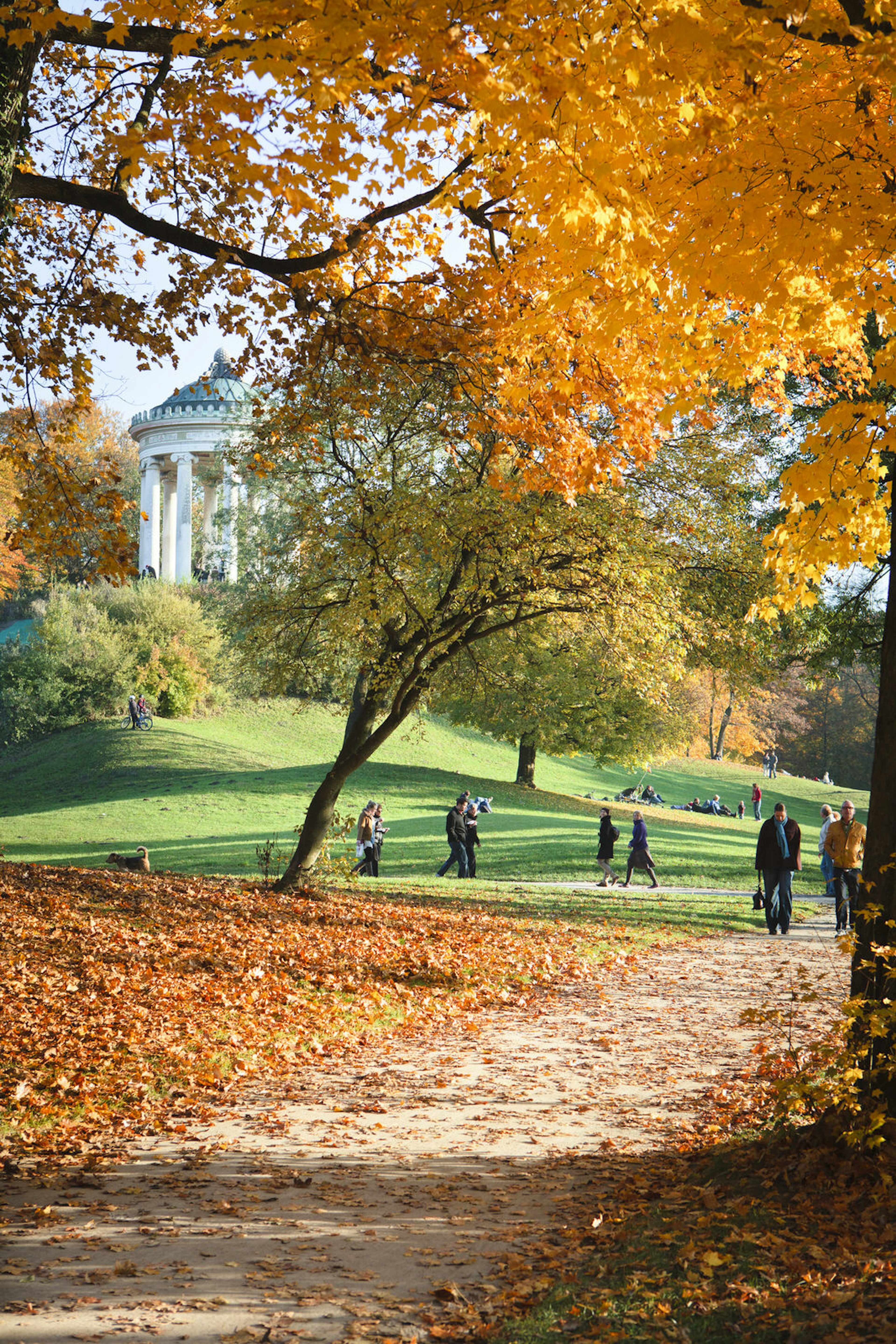 People walking and enjoying the autumn sun in English Garden.