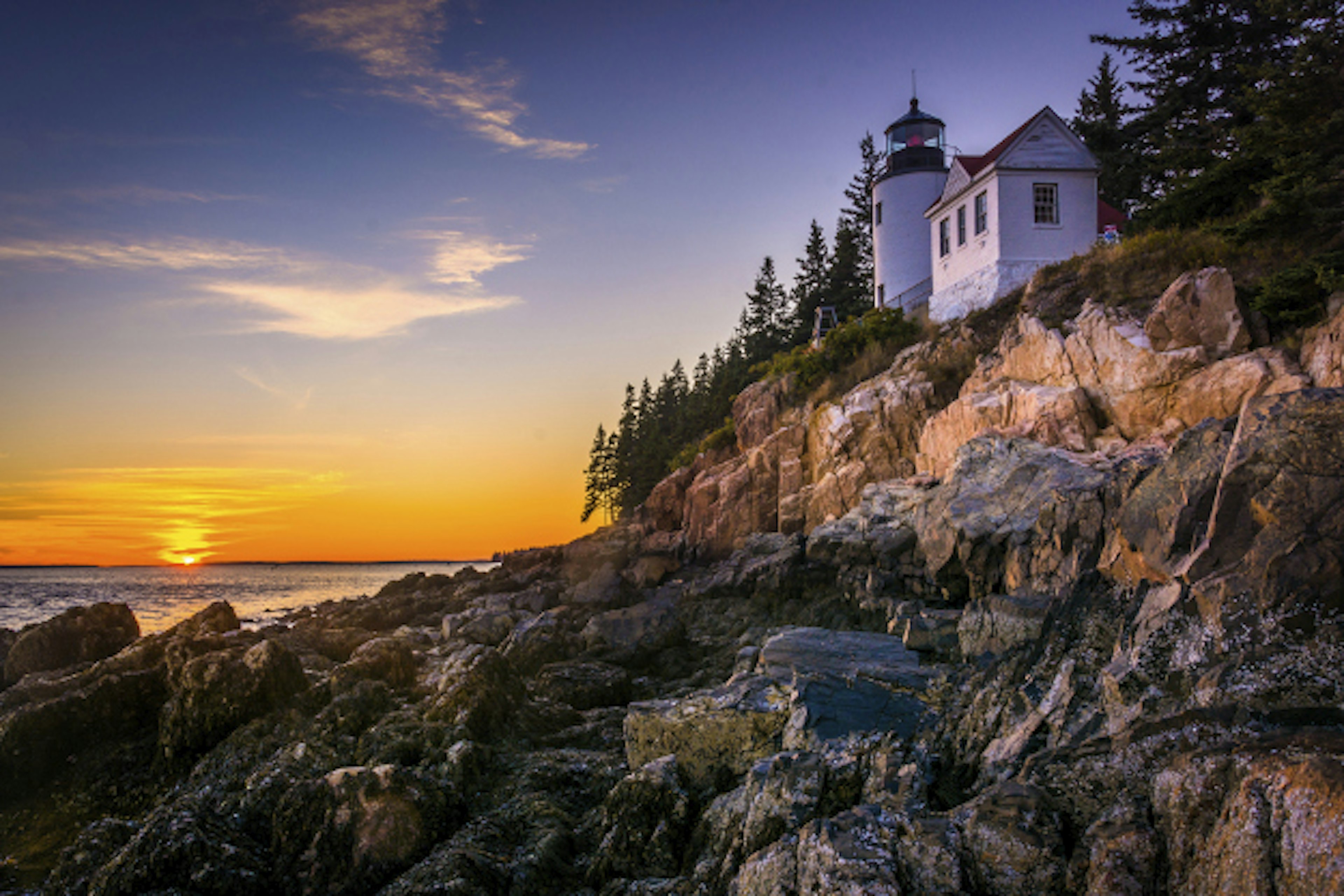 Bass Harbor Lighthouse at sunset in Acadia National Park, Maine