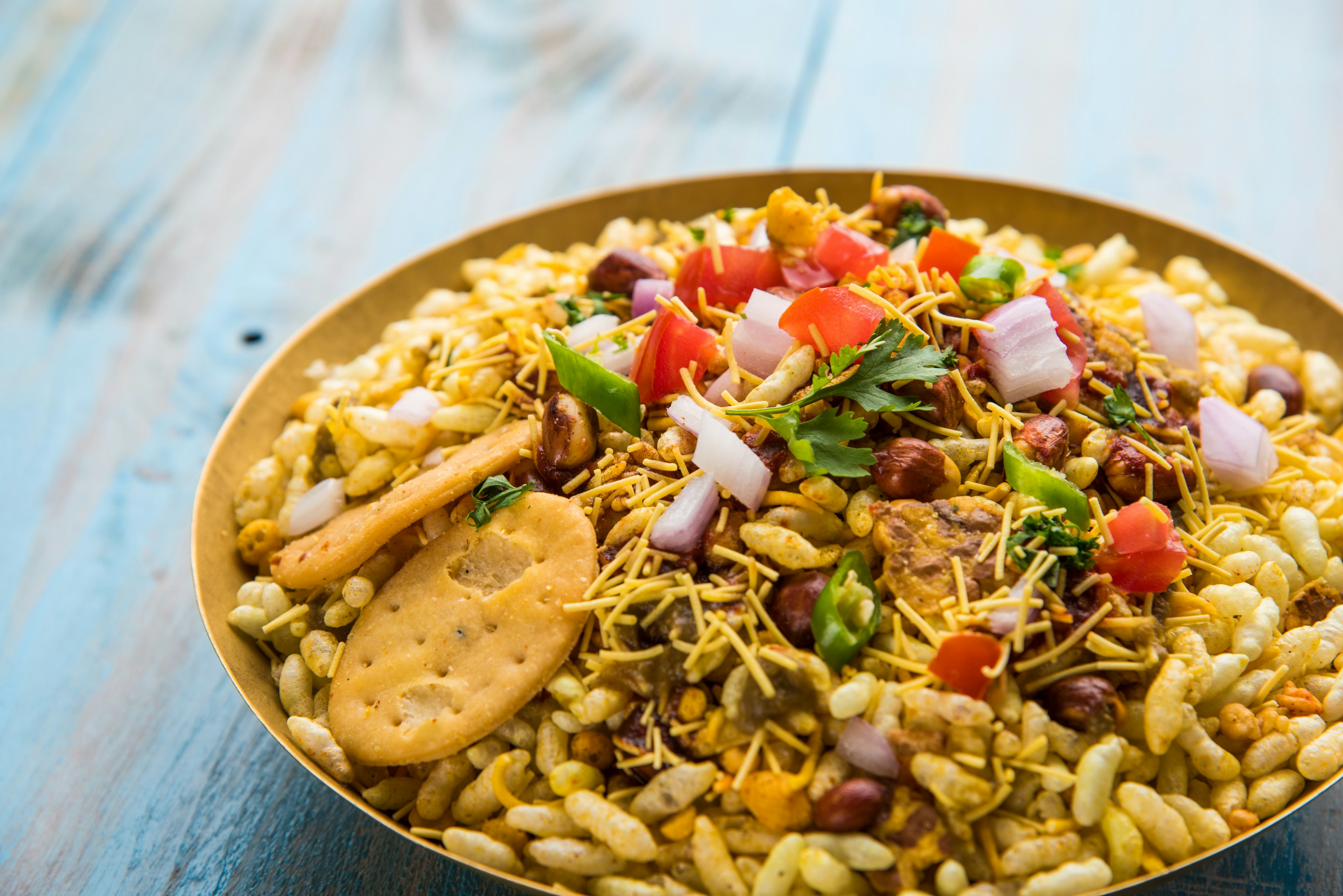 A plate of bhelpuri, a savoury snack from Mumbai, India.