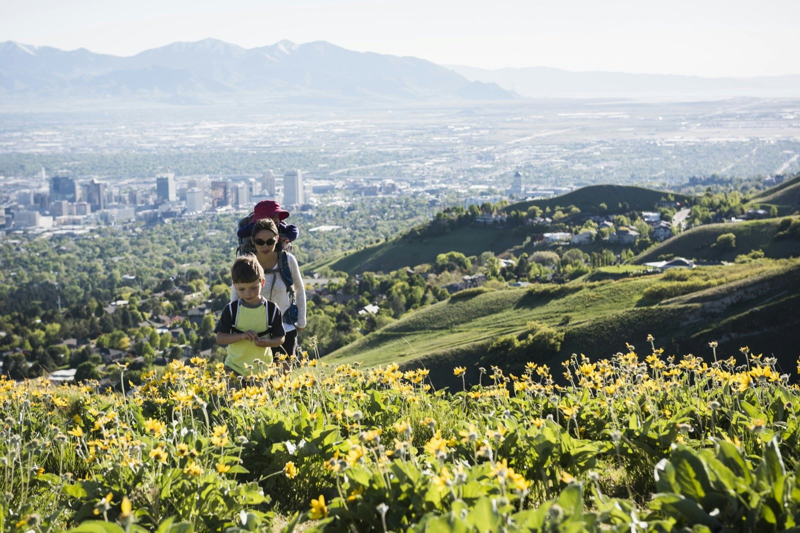 Mother with son and daughter hiking in the Wasatch Foothills above Salt Lake City