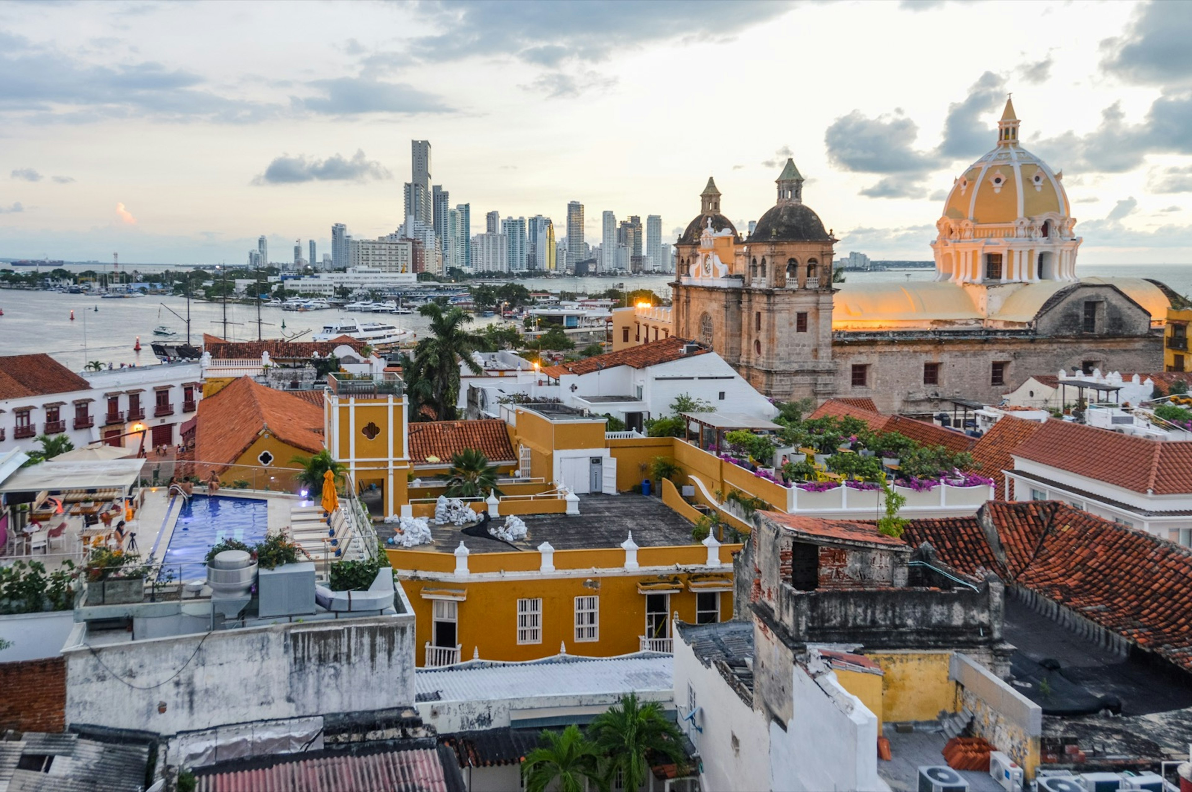 Sunset over the rooftops of the old town in Cartagena