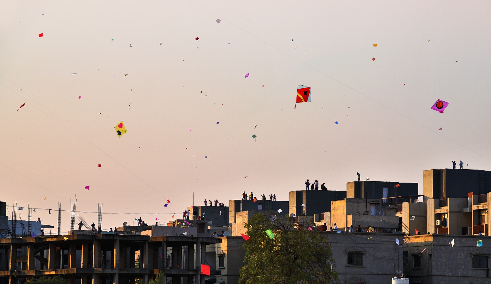 Colourful kites fly above the rooftops of Ahmedabad at dusk. Silhouettes of people are visible on the top of buildings.