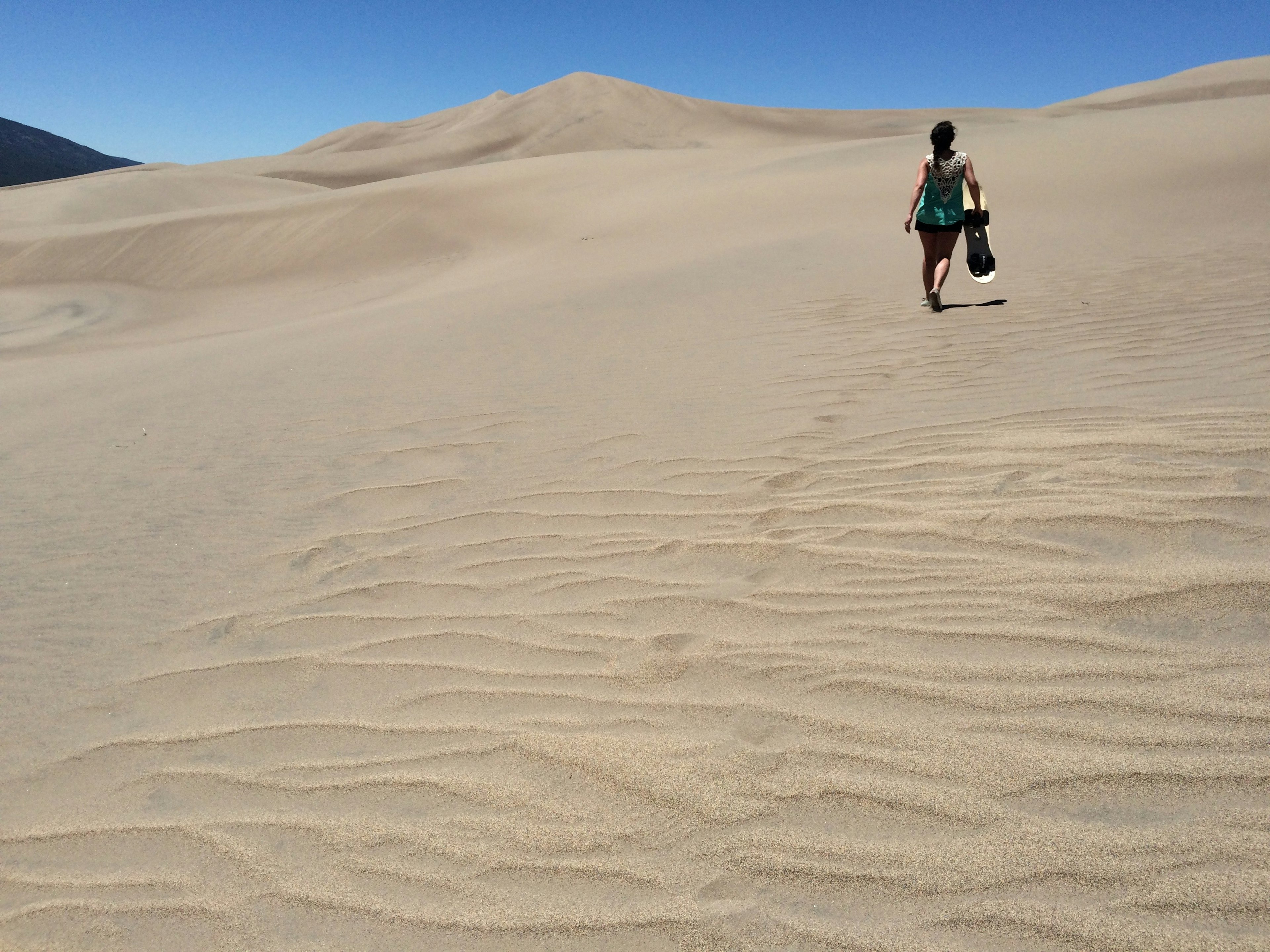 A woman holding a wooden snowboard walks to the top of a dune