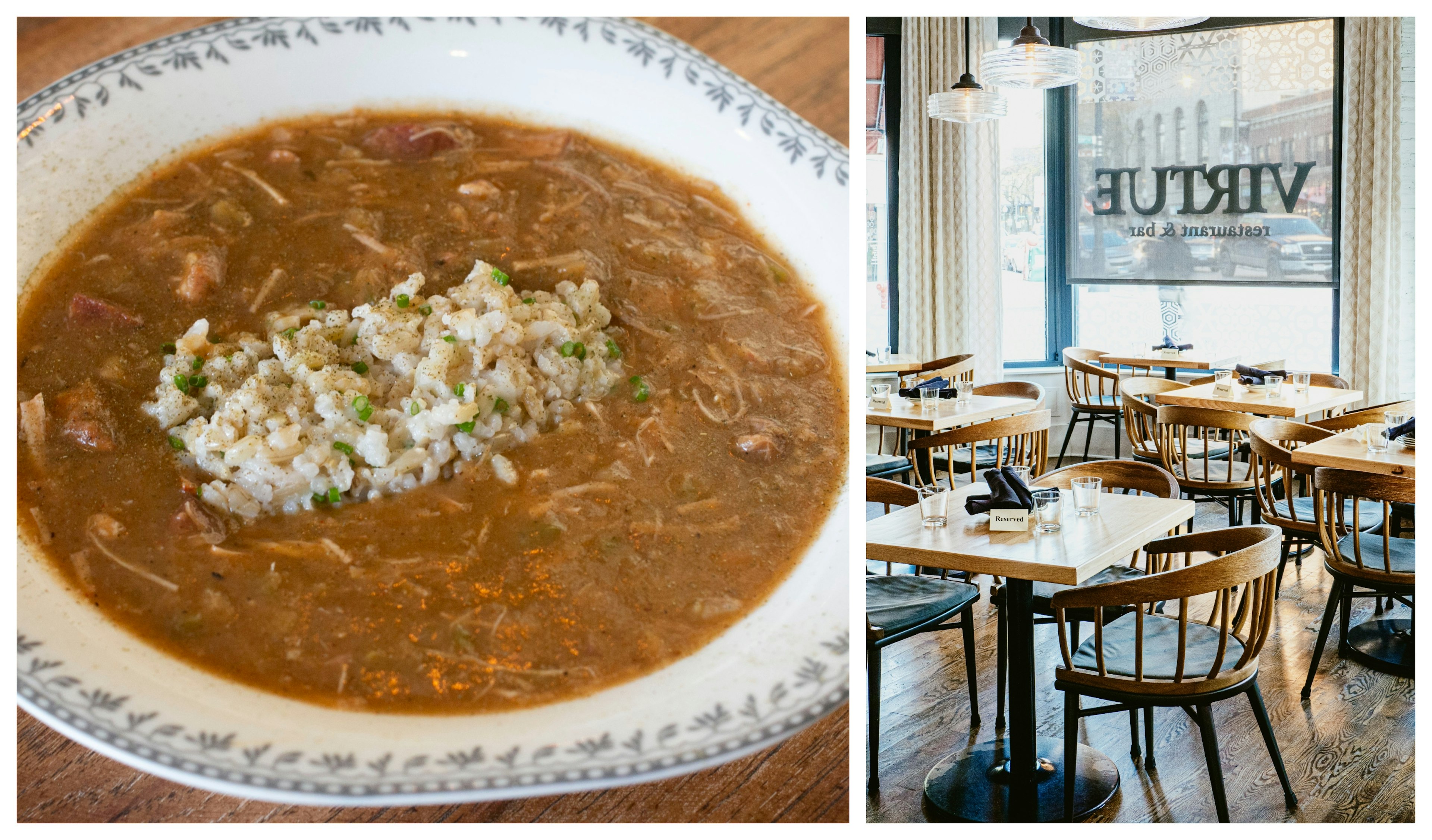 Left: A bowl of gumbo stew with a mound of rice in the middle. Right: The interior of Virtue Restaurant, with square tables and matching light-wood chairs