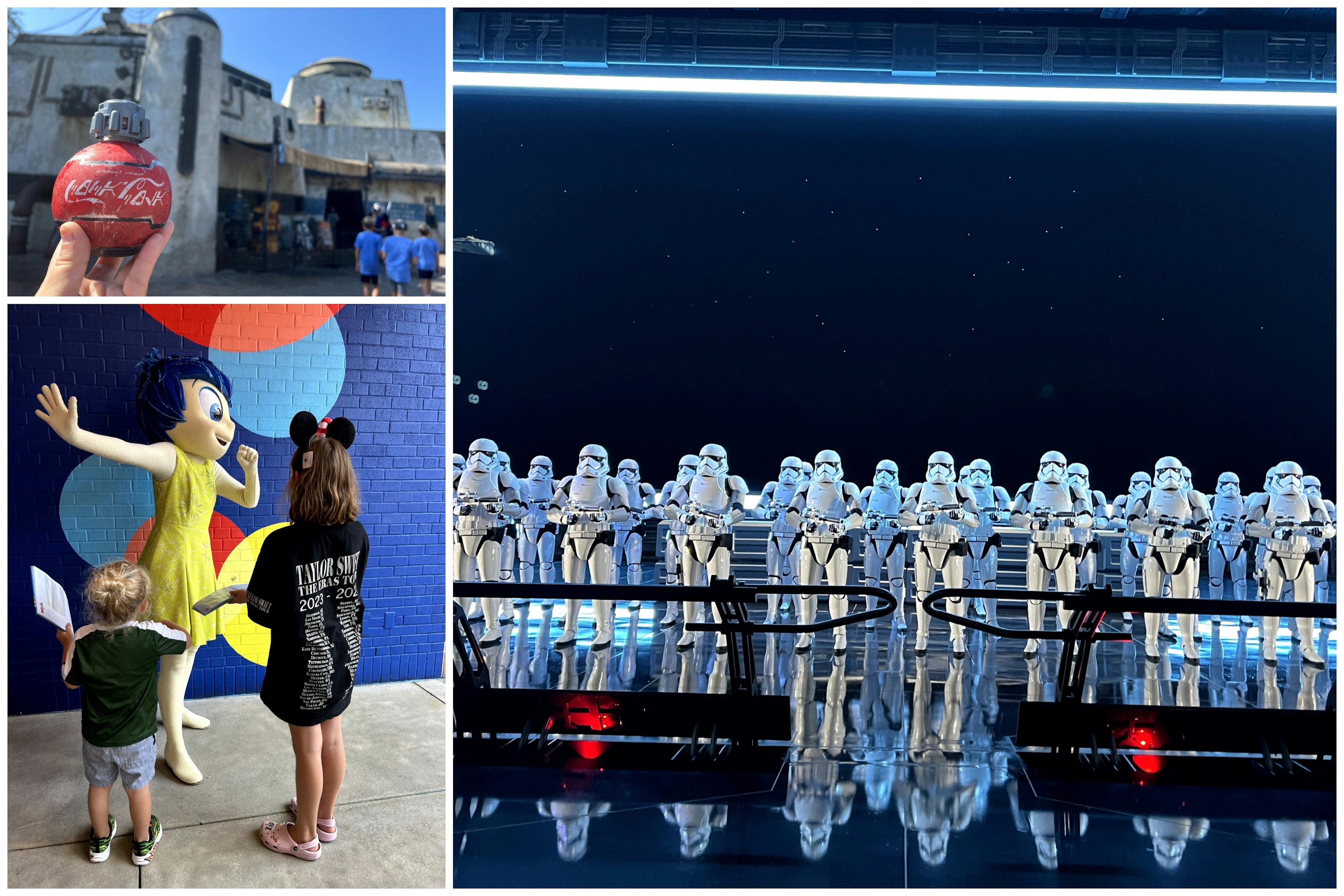 Images from Hollywood Studios in Disney World. Coke in Batuu at Galaxy Edge, Storm Troopers on Rise of the Resistance, Kids meeting Joy from Inside Out