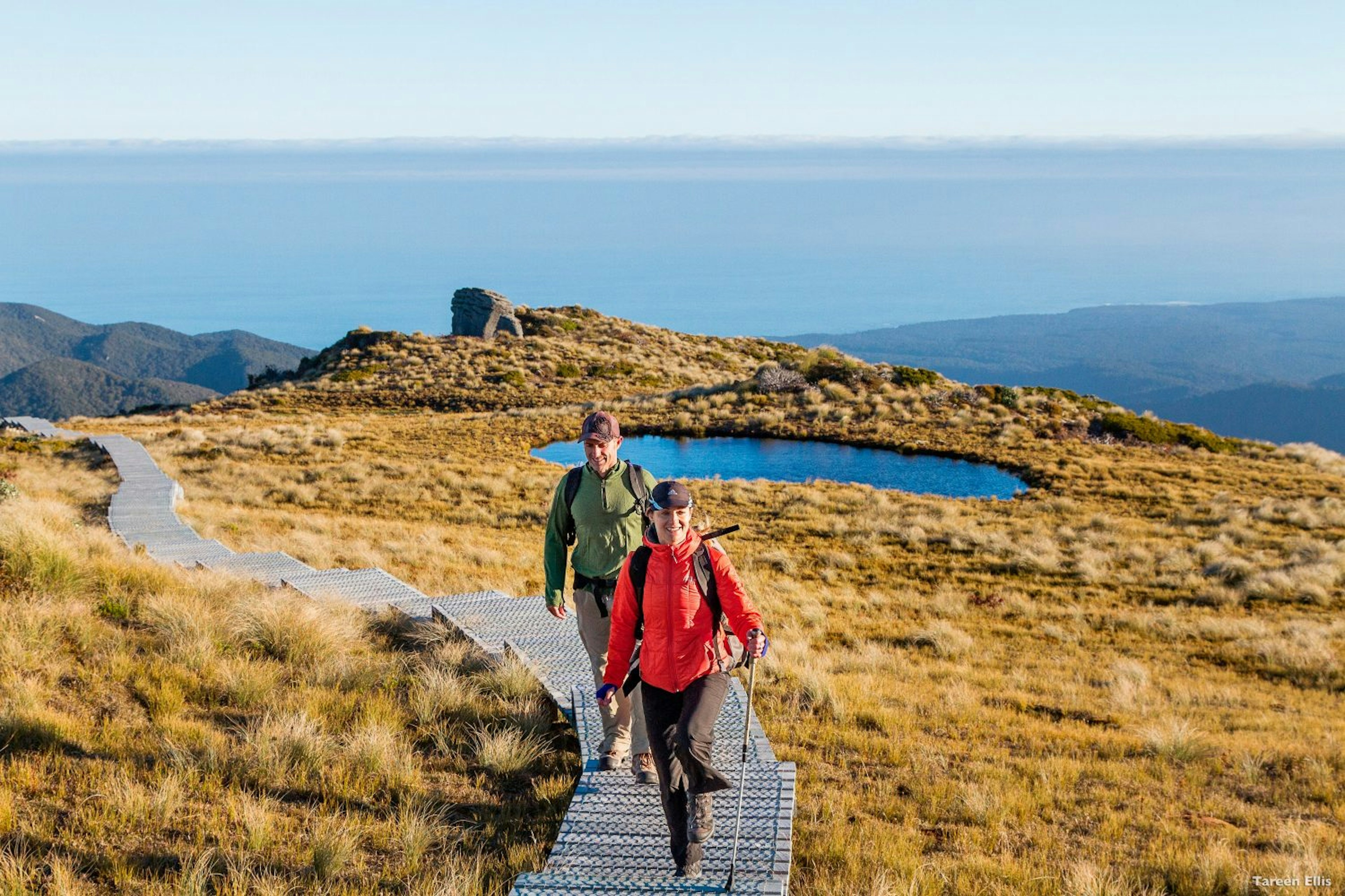 Two people walking on the Hump Ridge Track in New Zealand