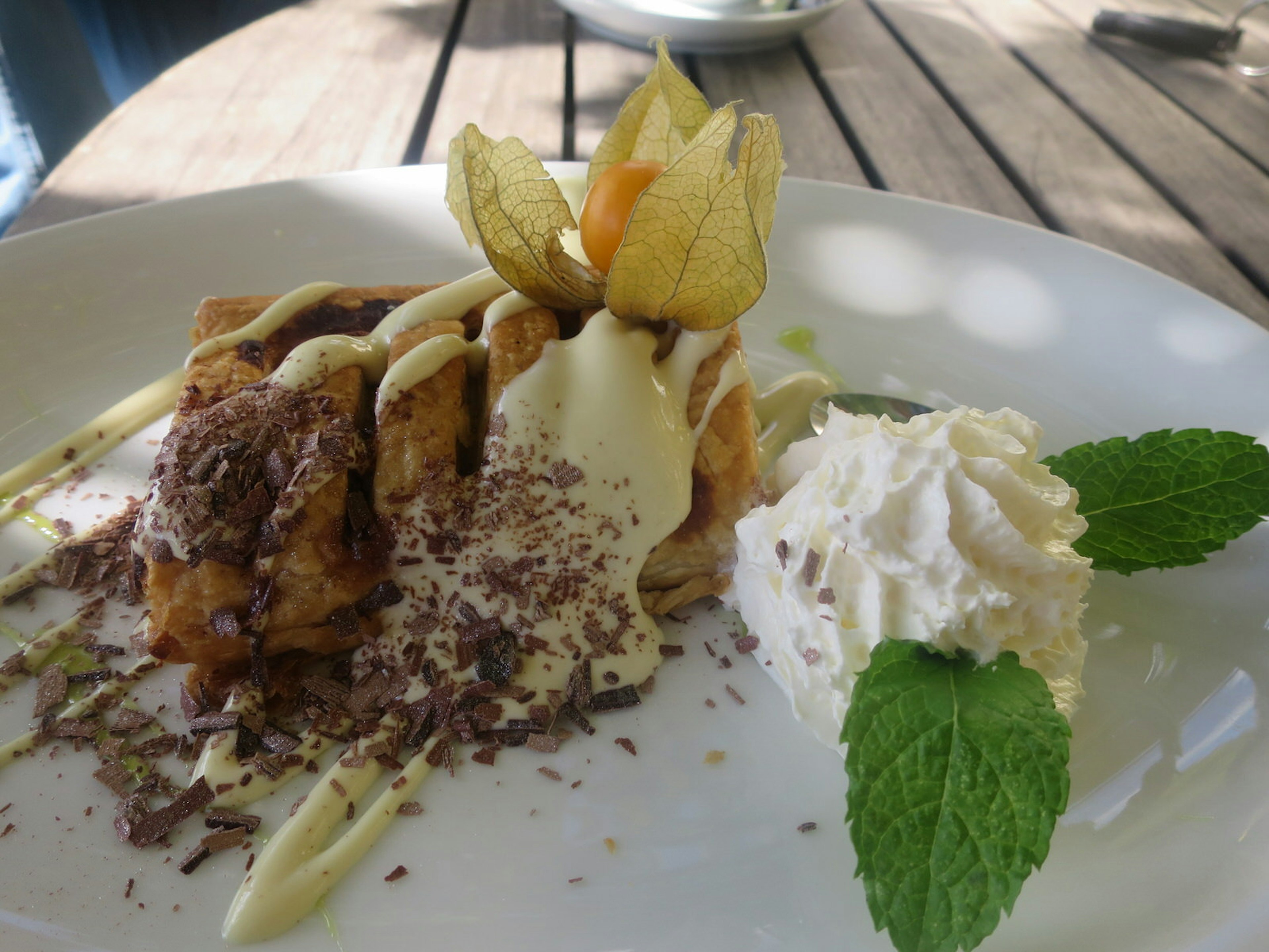 Apfelstrudel on the sun-dappled, vineyard covered terrace of Saalhäuser Weinstubin in Bad Kösen. The plate is garnished with cream, mint and chocolate shavings