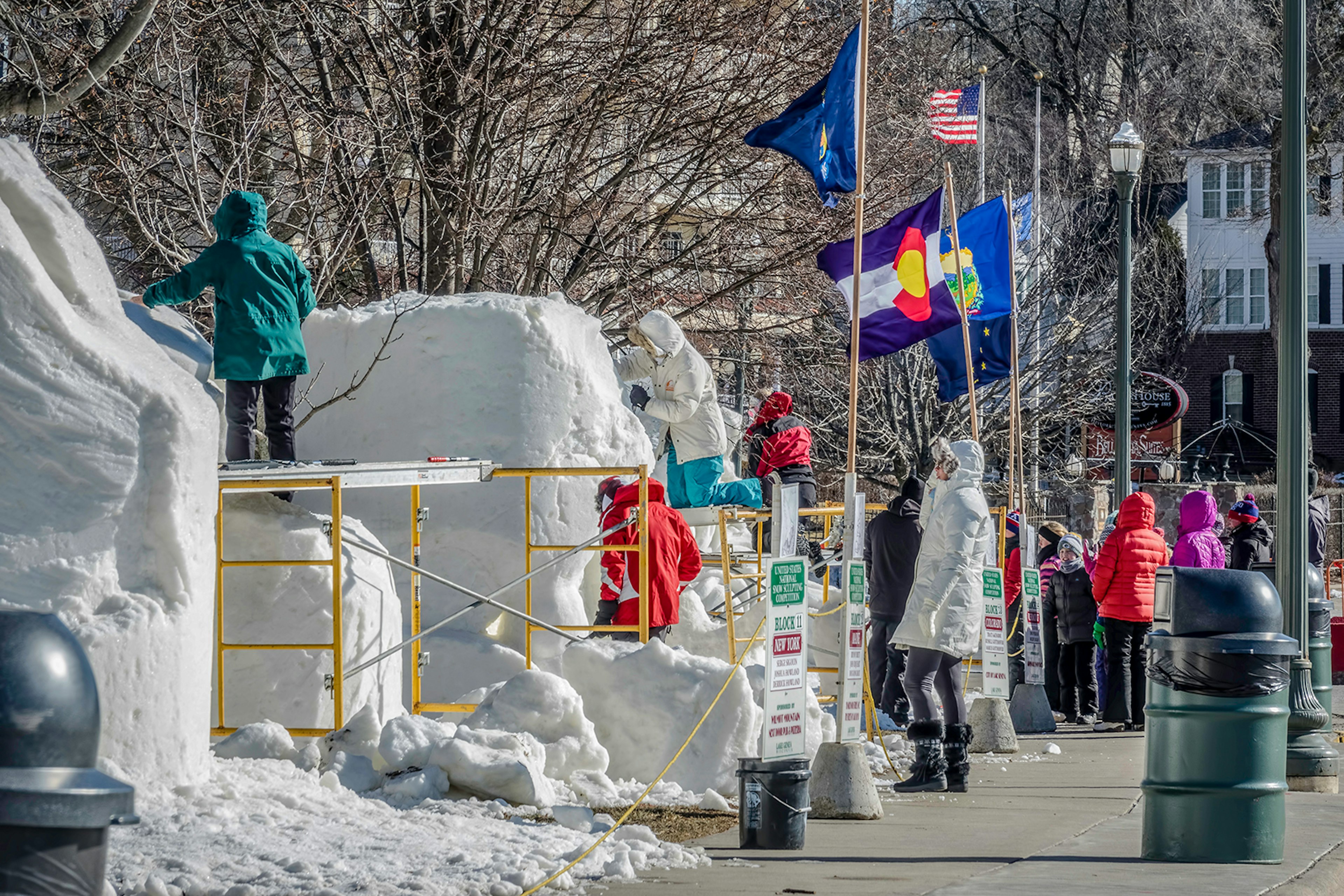 People create large sculptures out of snow in Lake Geneva, Wisconsin