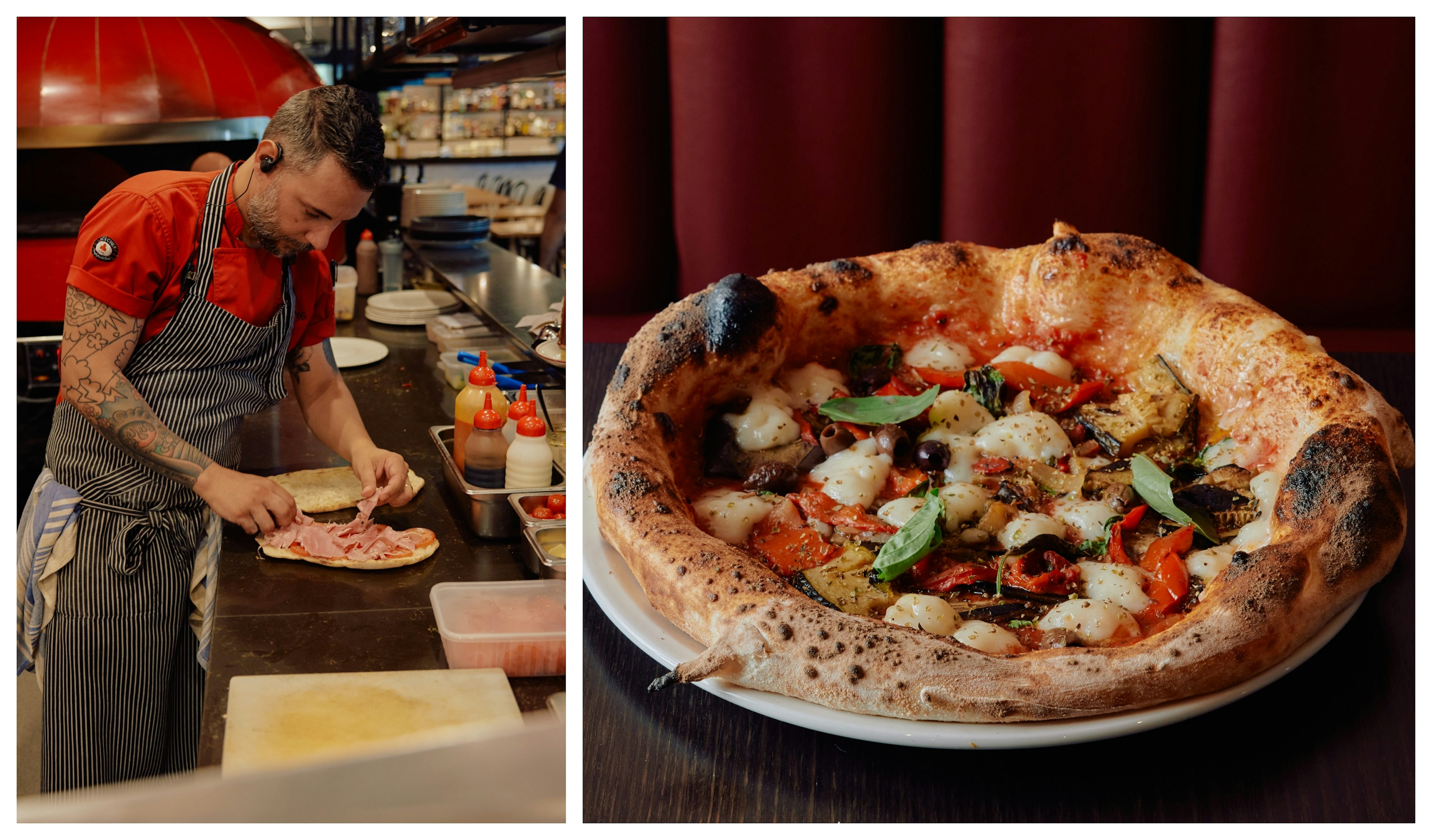 Left: Francesco 'Ciccio' Crifo prepares an Italian sandwich at Roccella; Right: Ciccio’s famous 48-hr sourdough pizza. Parker Blain