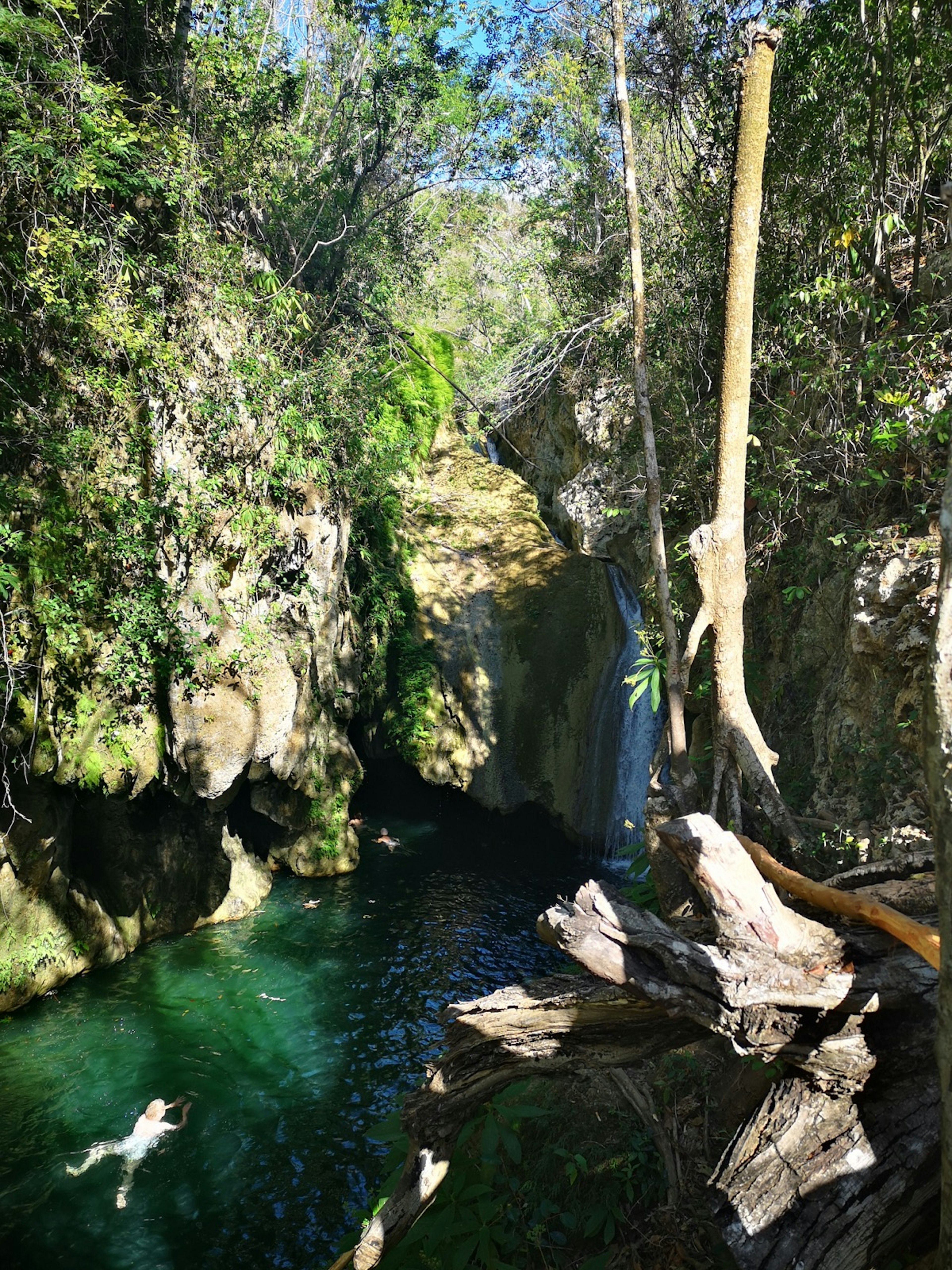 A person swims in the water hole near Javira waterfall