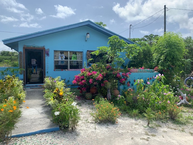 A large garden filled with colorful bright pink and yellow flowers in front of a bright blue house; Long Island Bahamas