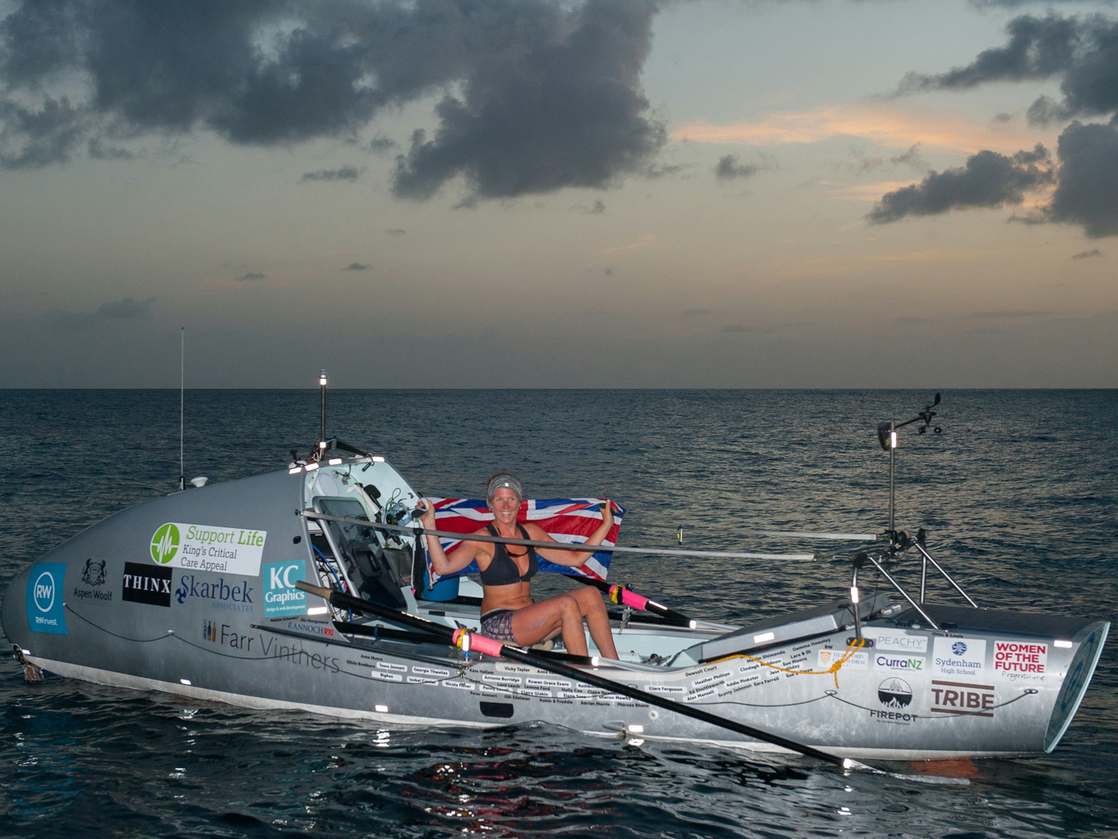 Kiko Mathews crosses the finish line on her transatlantic rowing expedition © Kiko Mathews