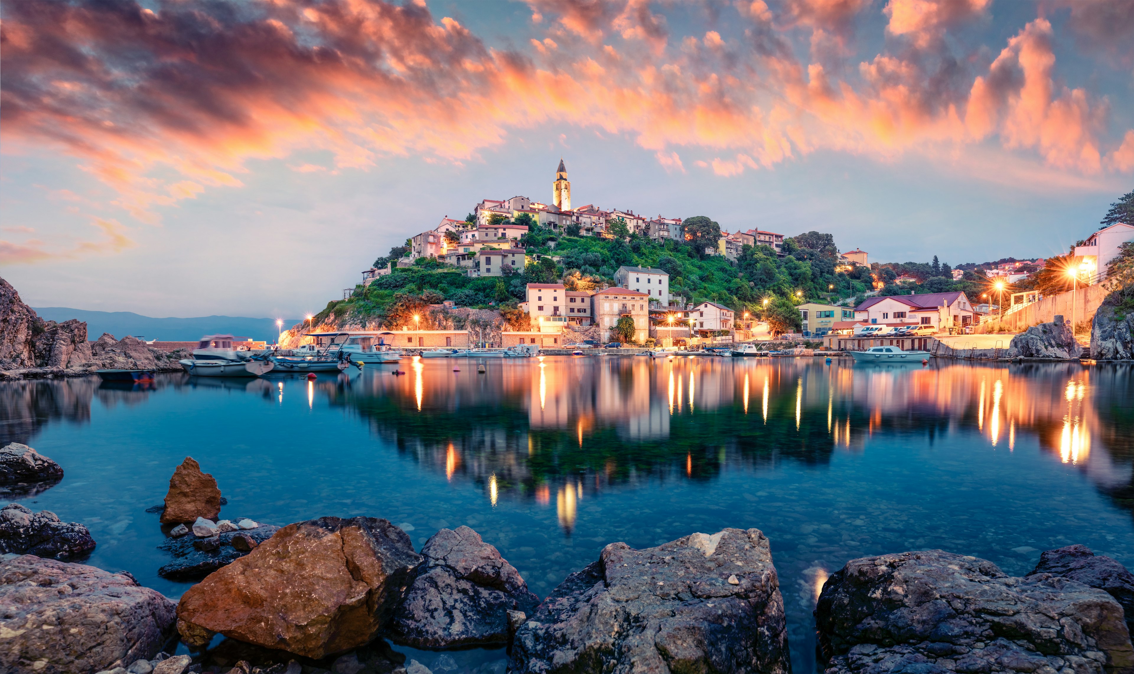 Breathtaking evening cityscape of Vrbnik town. Dramatic summer seascape of Adriatic sea, Krk island, Kvarner bay archipelago, Croatia