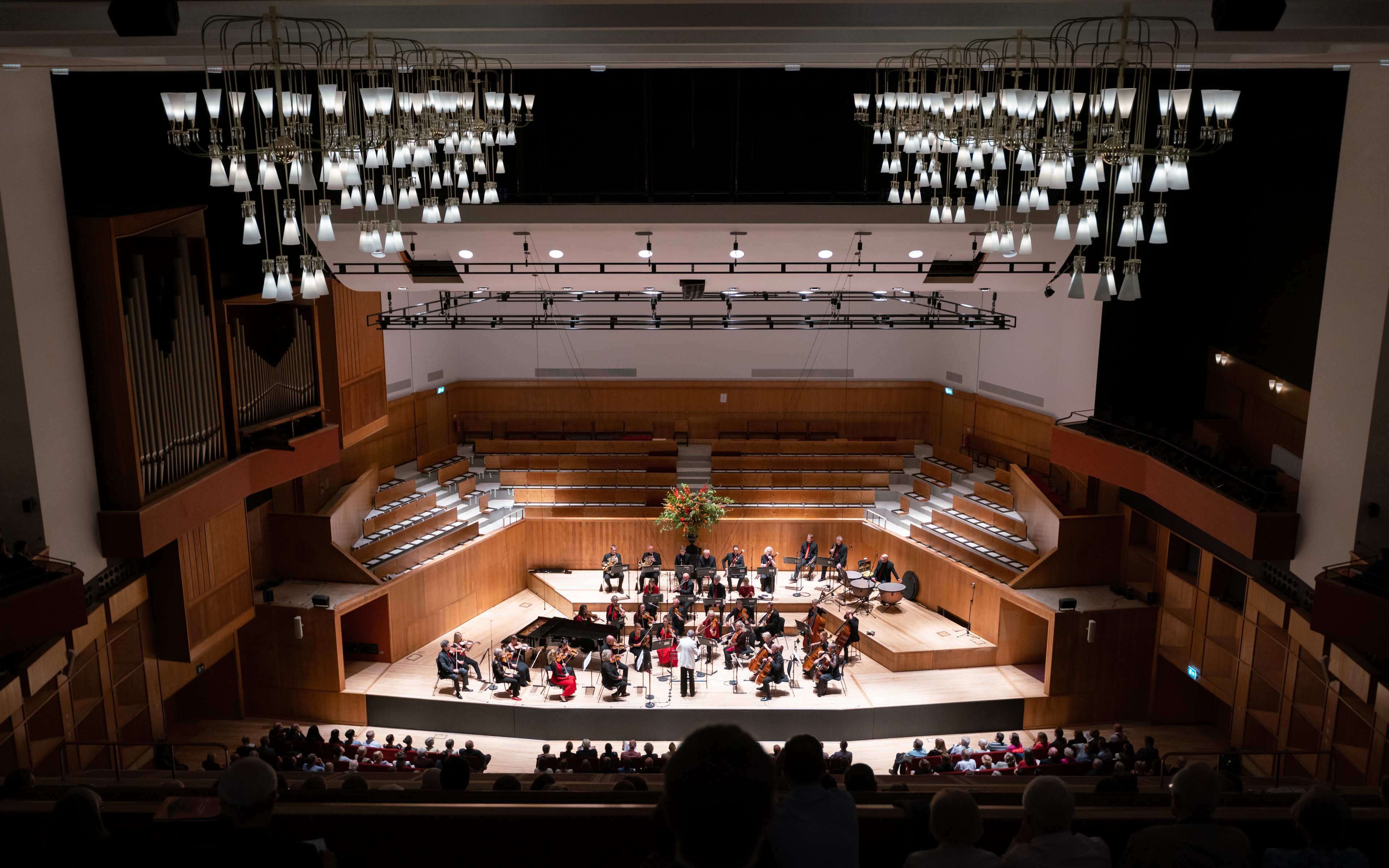 Orchestra on stage at Fairfield Halls in Croydon.