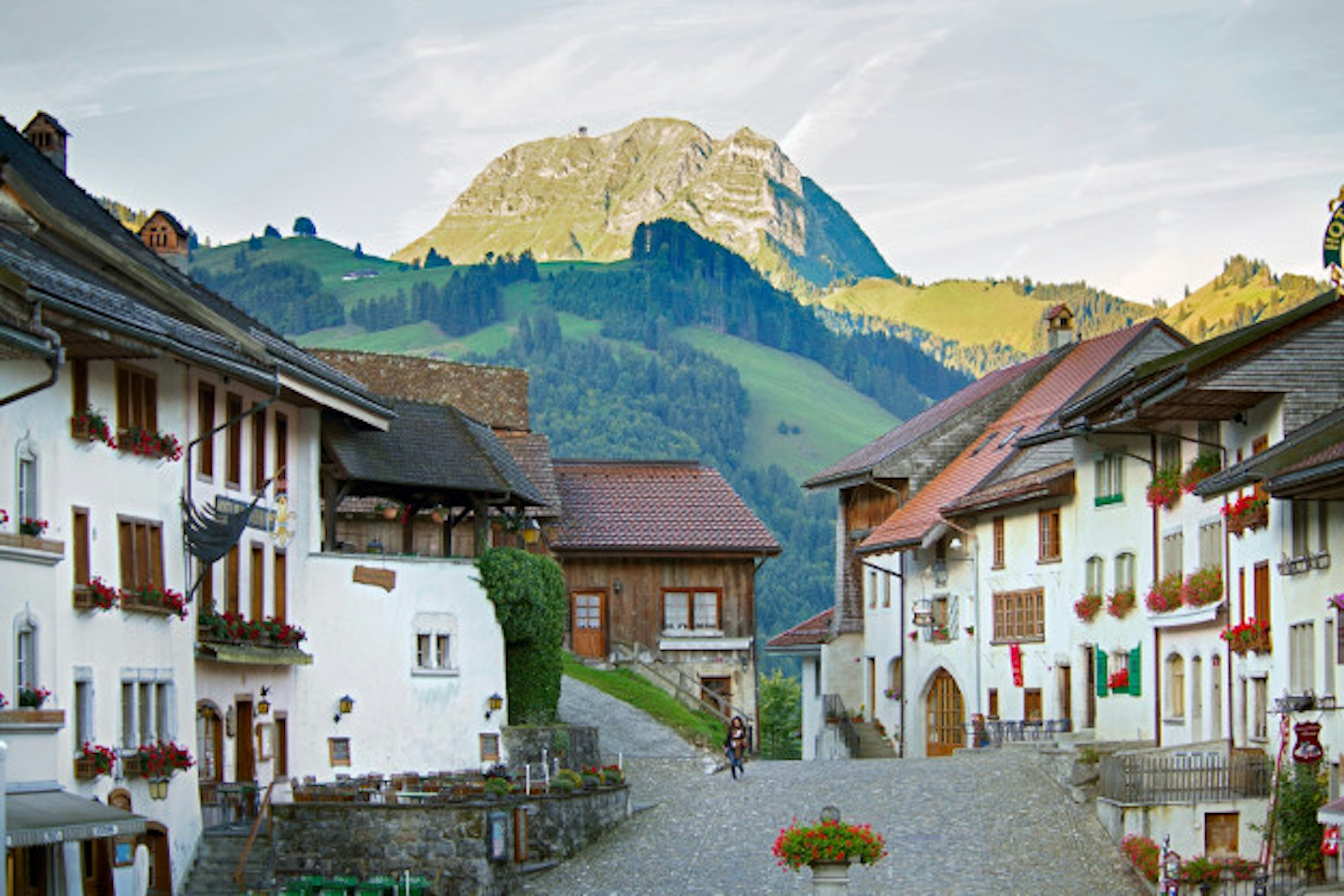 Moleson mountain towering above cobbled streets of Gruyeres.