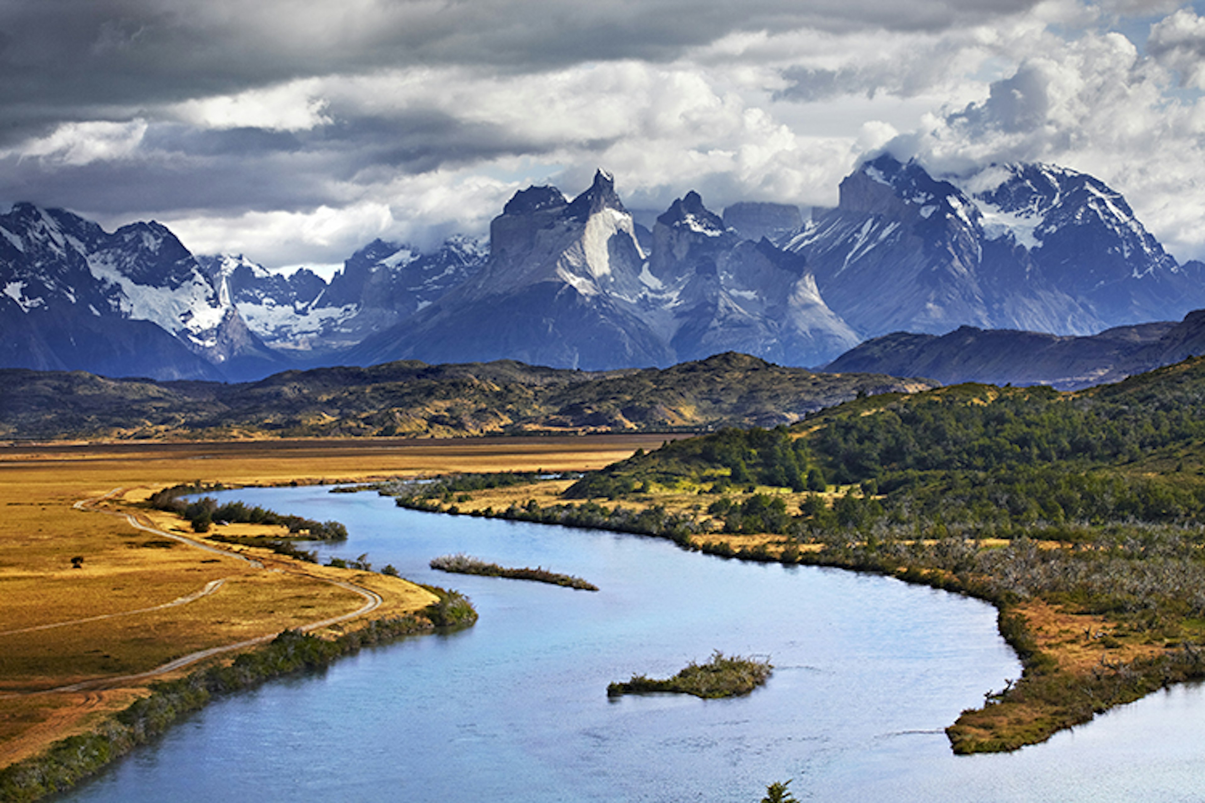 Overview of Paine River and snow-capped Paine Massif.