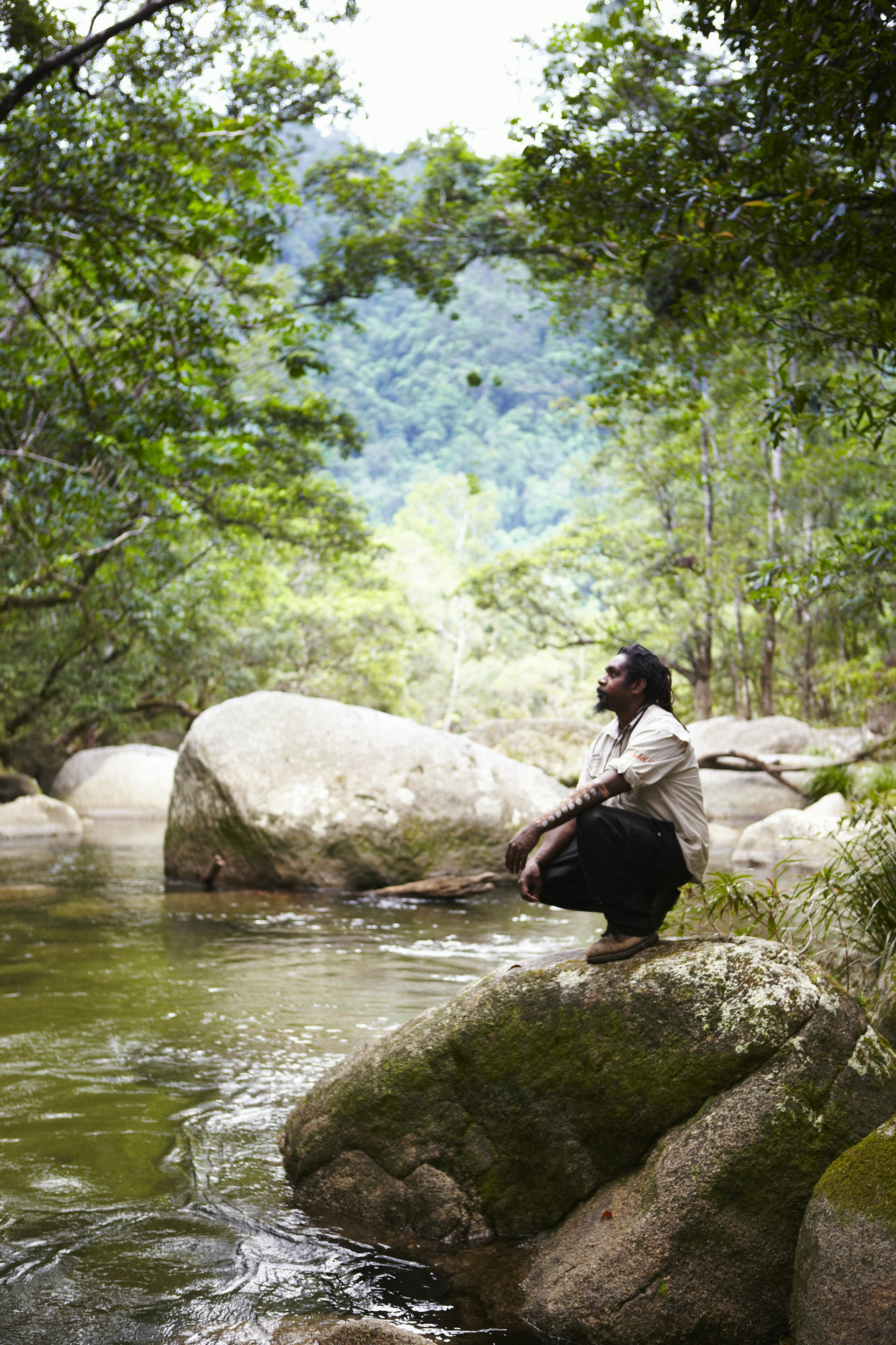 A man sits beside a river gazing into the forest canopy above