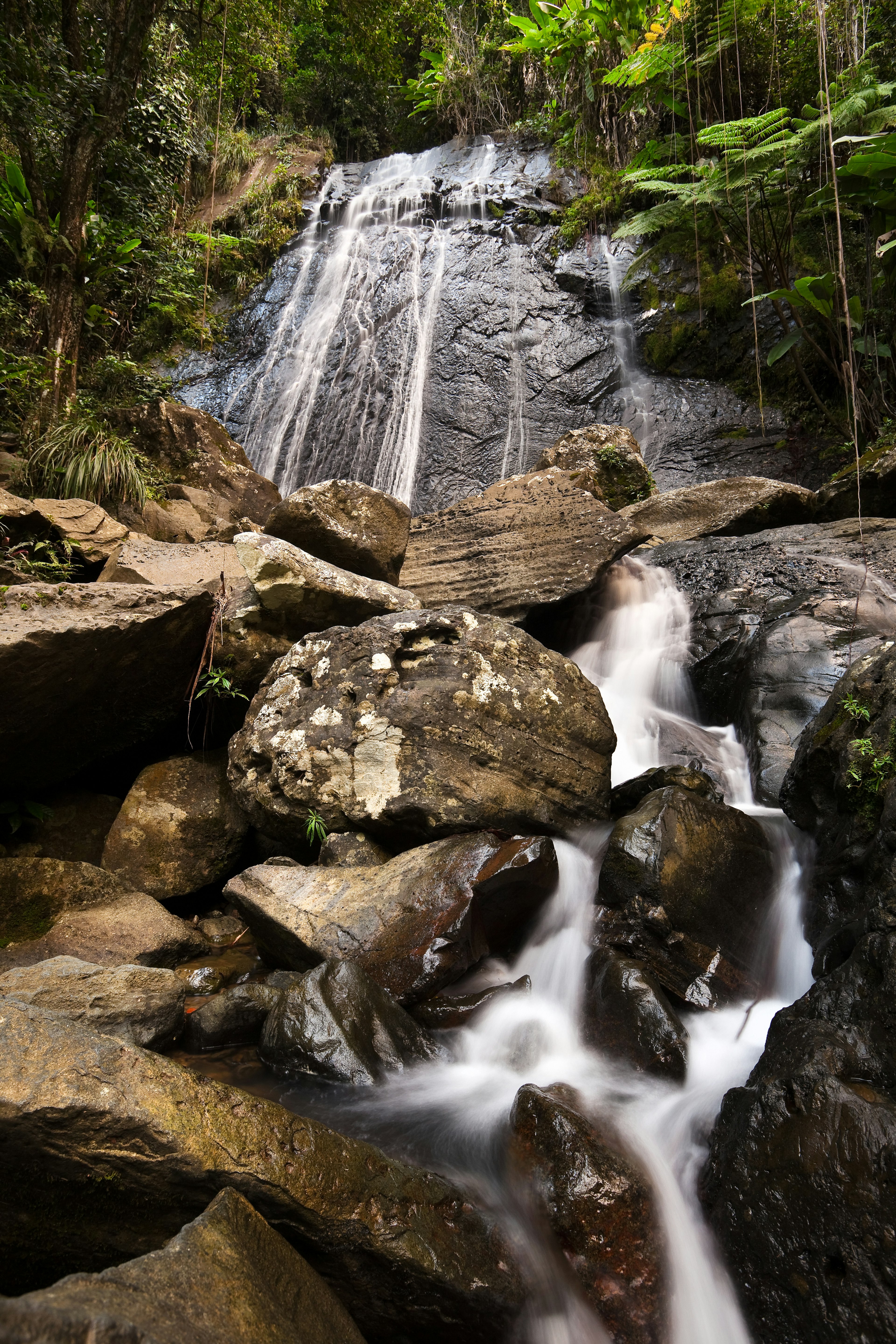 Water cascades off the rocks La Coca Falls in Puerto Rico.