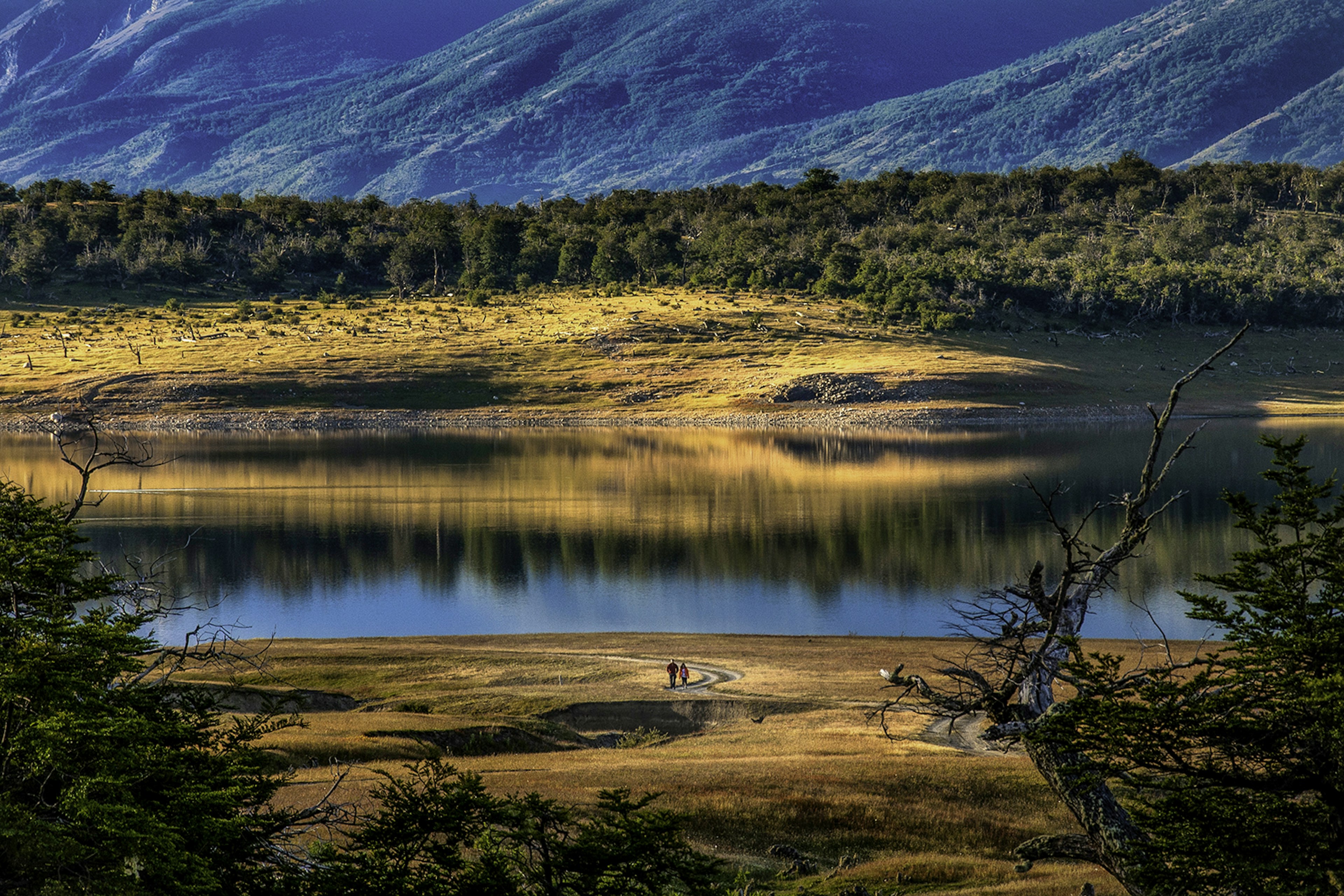 Two hikers face a lake with rolling green hills behind it