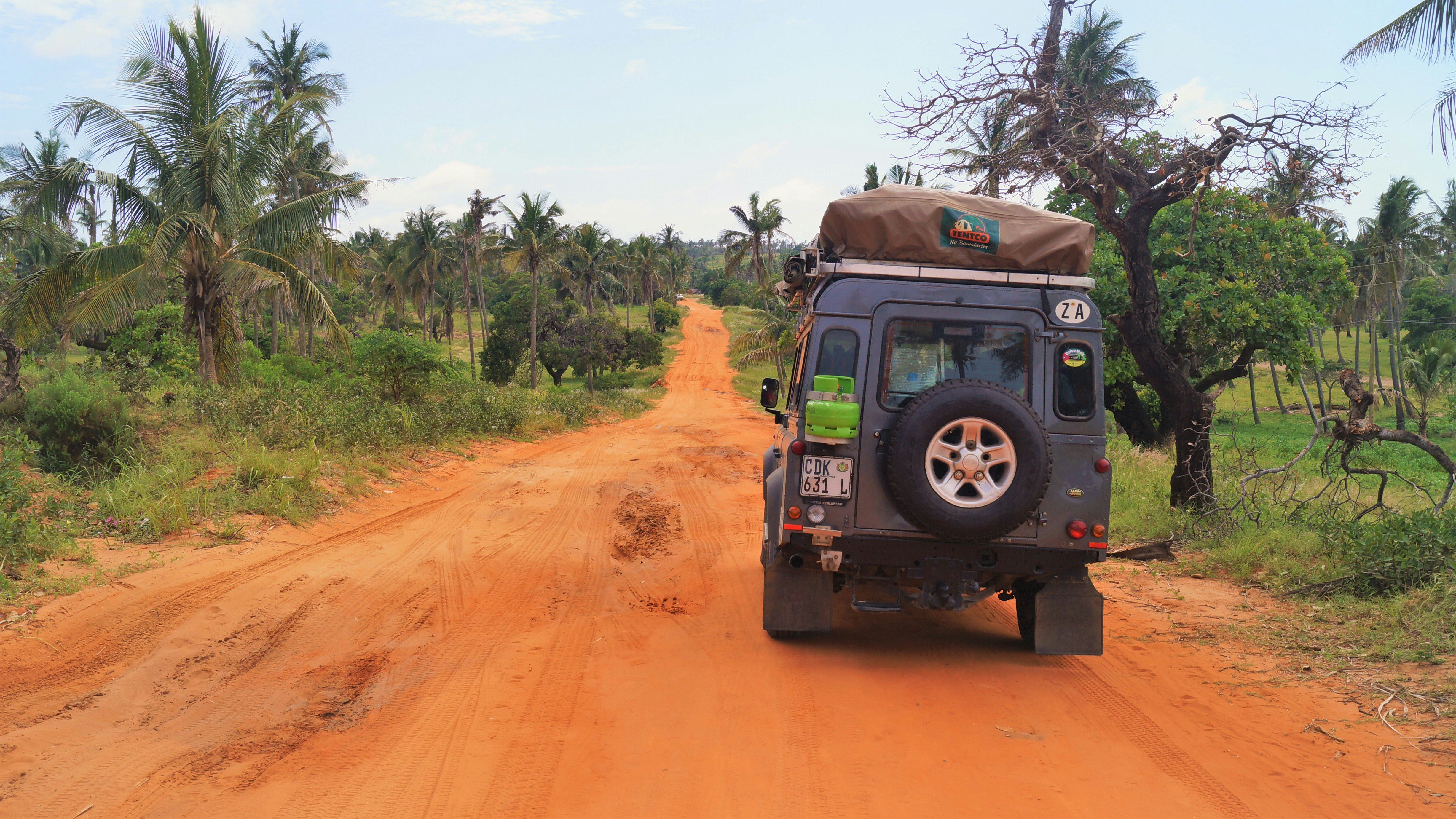 The back of a 4WD driving down a sandy road. There are trees to either side.