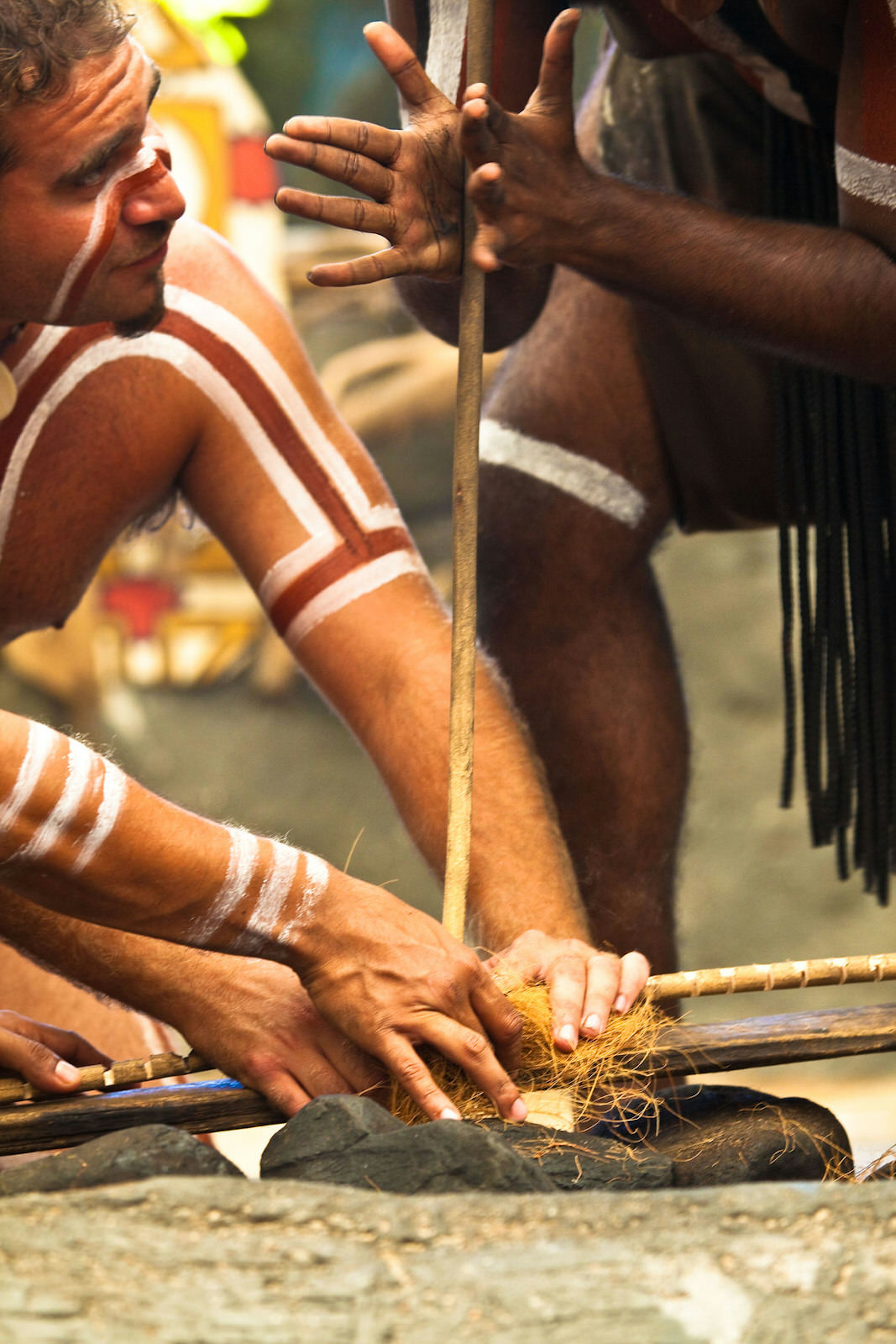 An unidentified aboriginal man at a cultural performance in the Tjapukai Culture Park in Kuranda, Queensland, Australia