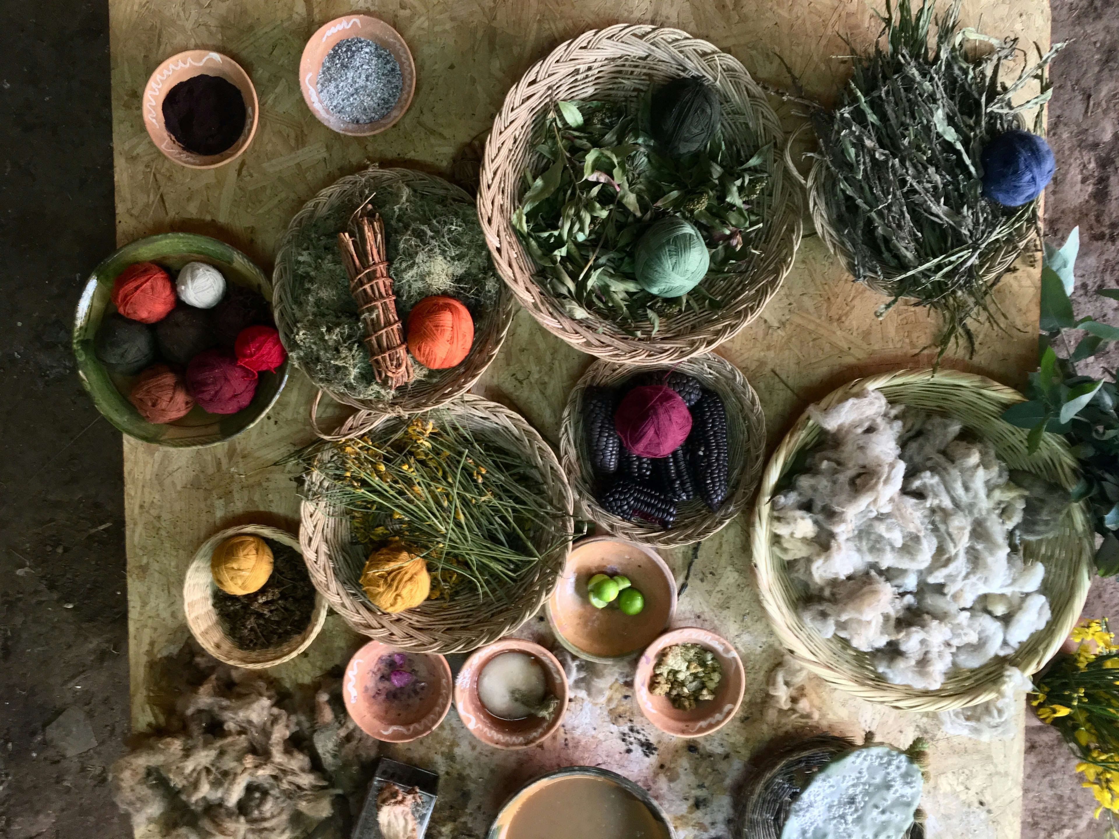 Little bowls full of wool, herbs and dye