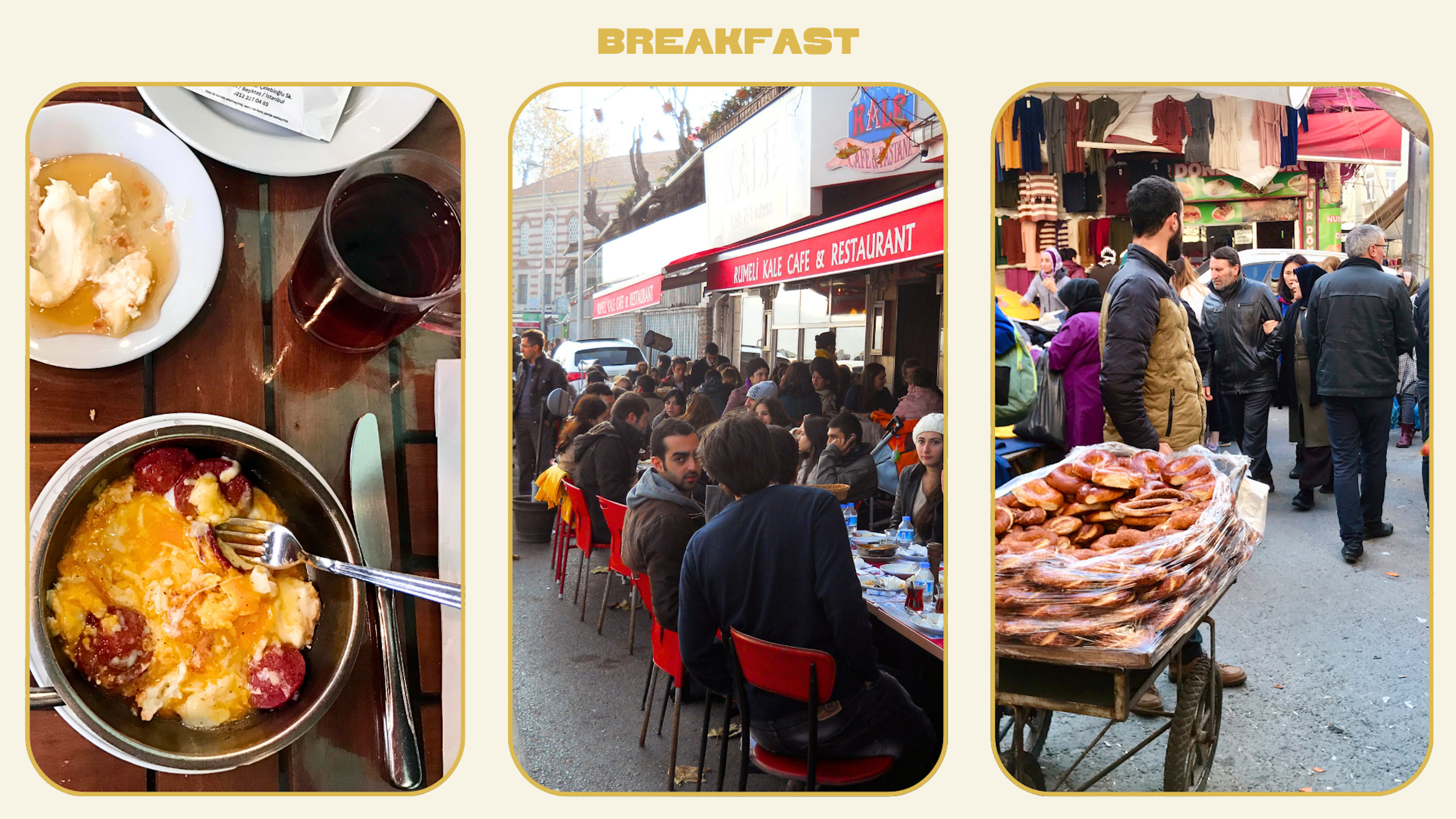 Left: a breakfast dish of eggs and sausage; center: people fill tables outside a cafe; right: a street vendor with a wagon full of pretzel-shaped bread