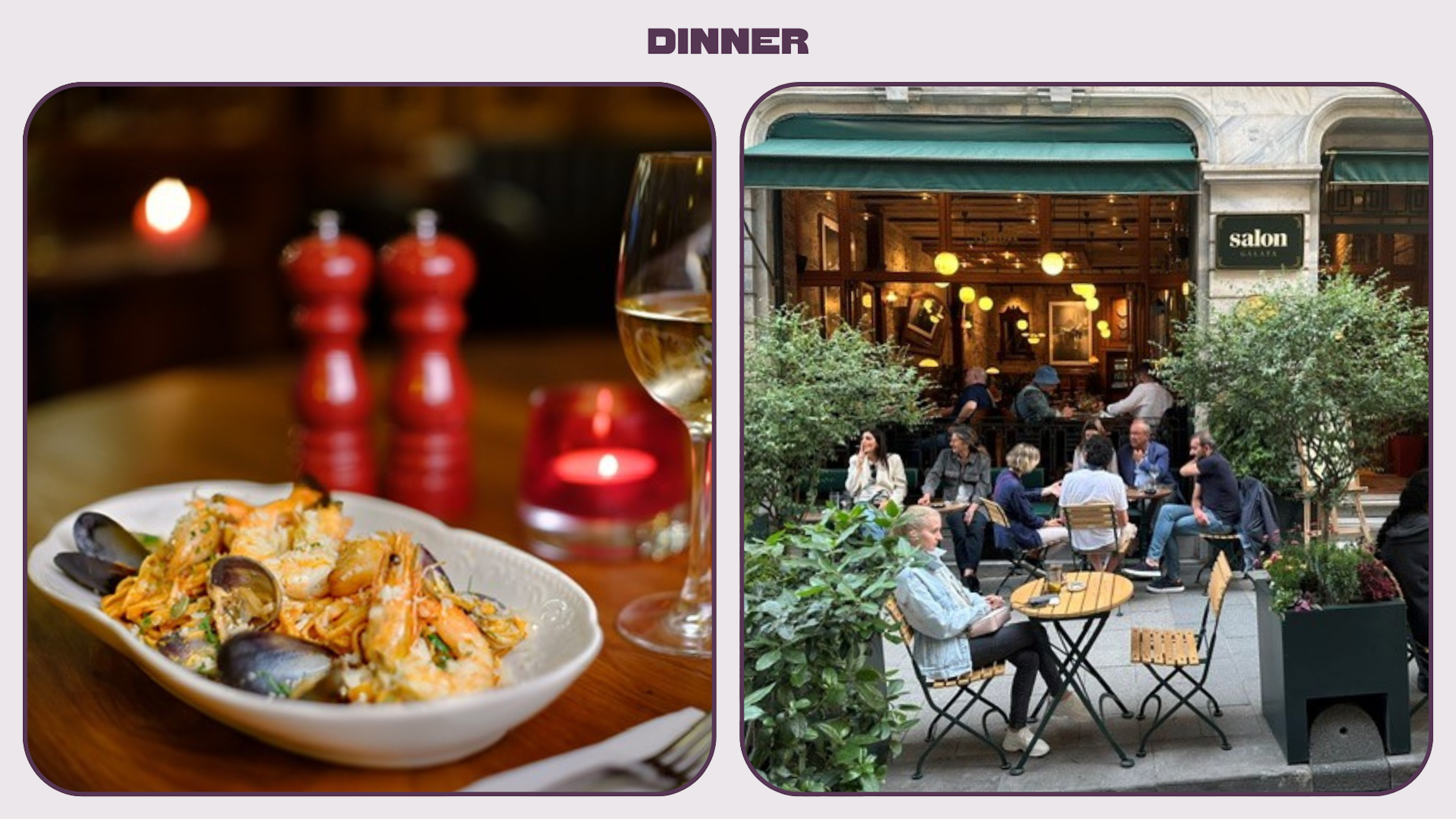 Left: a shellfish dish and a glass of wine; right: people sat outside on a restaurant terrace