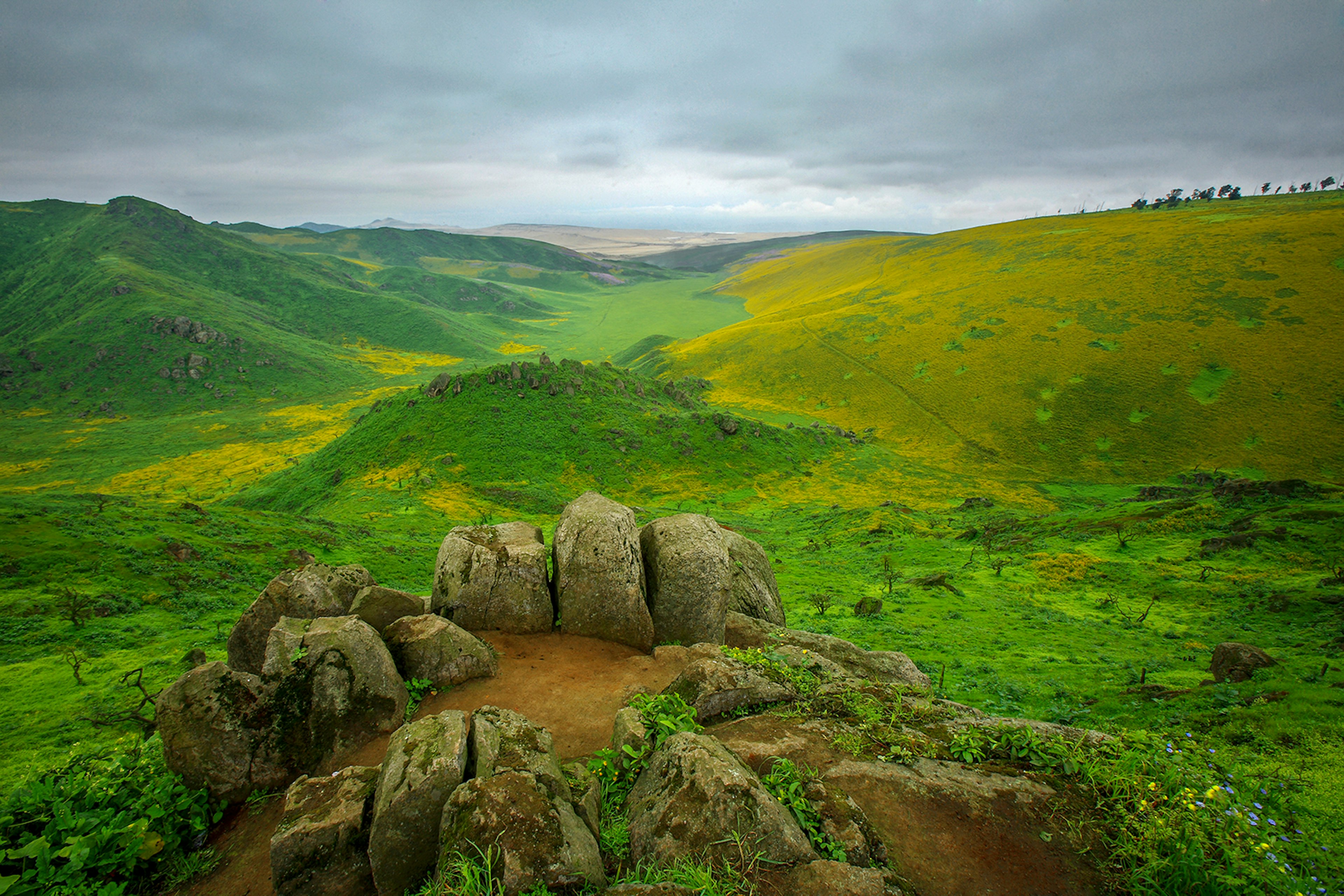 A green valley with rocks in the foreground and cloudy skies