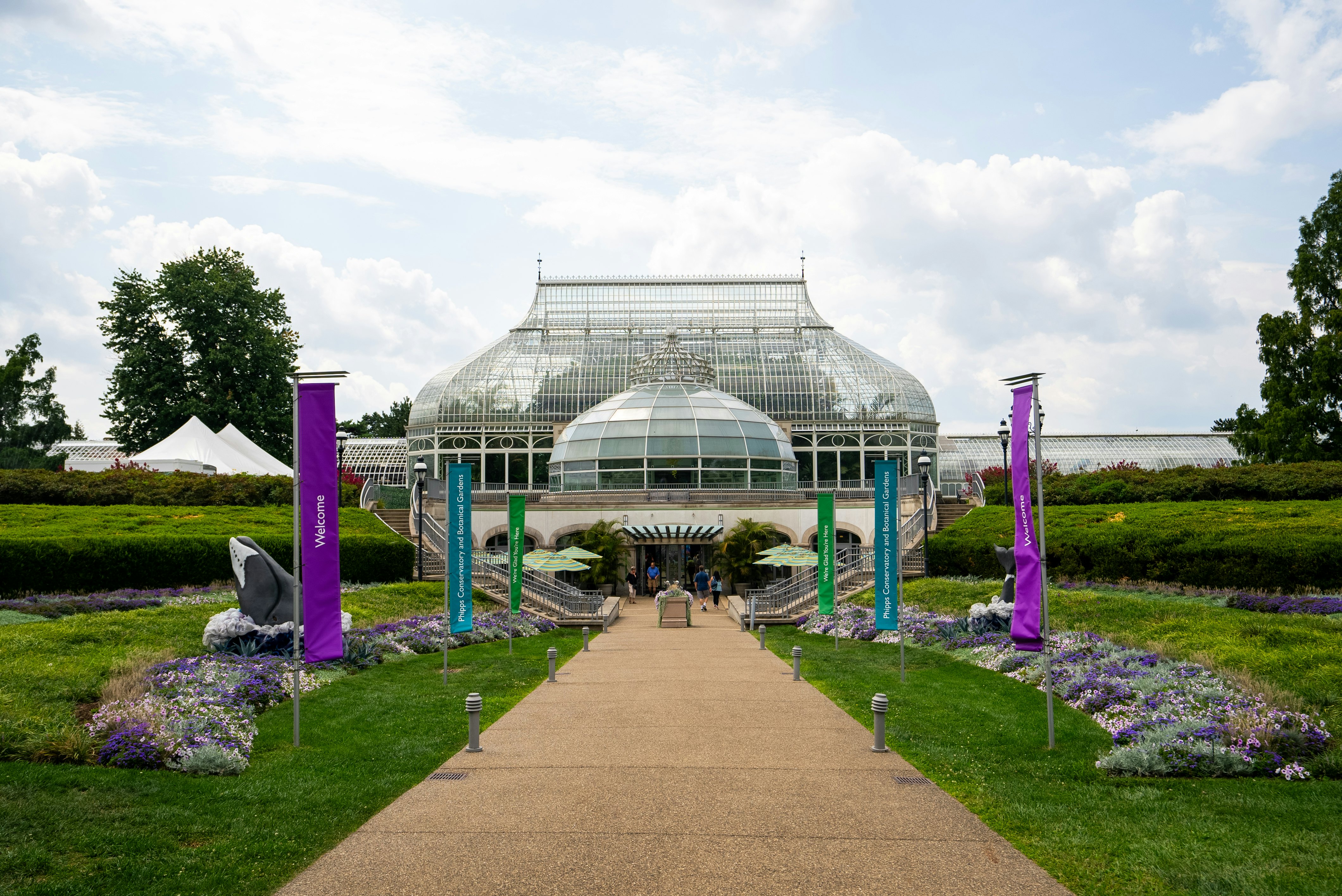 Exterior wide front of Phipps Conservatory and Botanical Gardens in the Oakland neighborhood of Pittsburgh